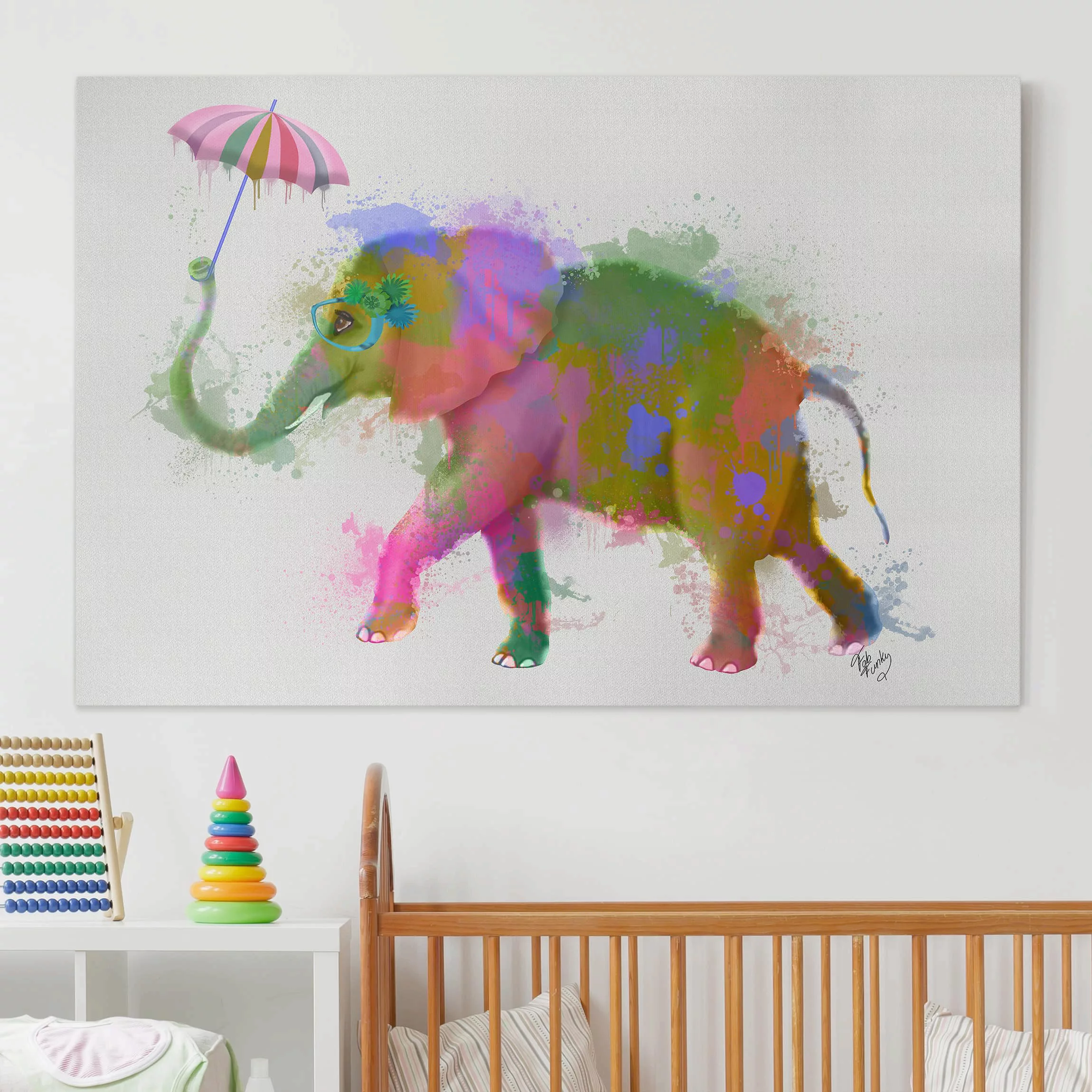 Leinwandbild Kinderzimmer - Querformat Regenbogen Splash Elefant günstig online kaufen