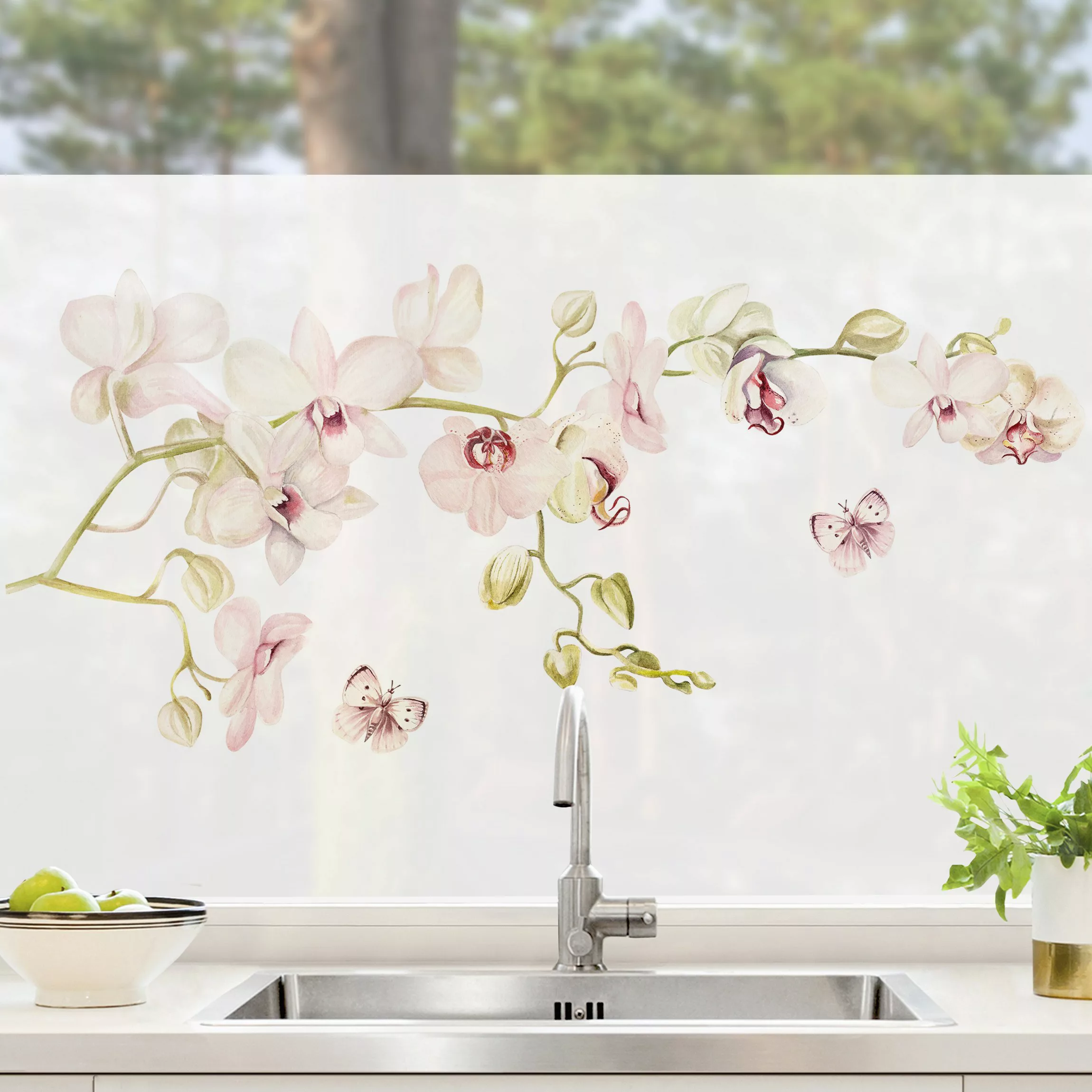 Fensterfolie Orchideenzweig und Schmetterling in rosé günstig online kaufen