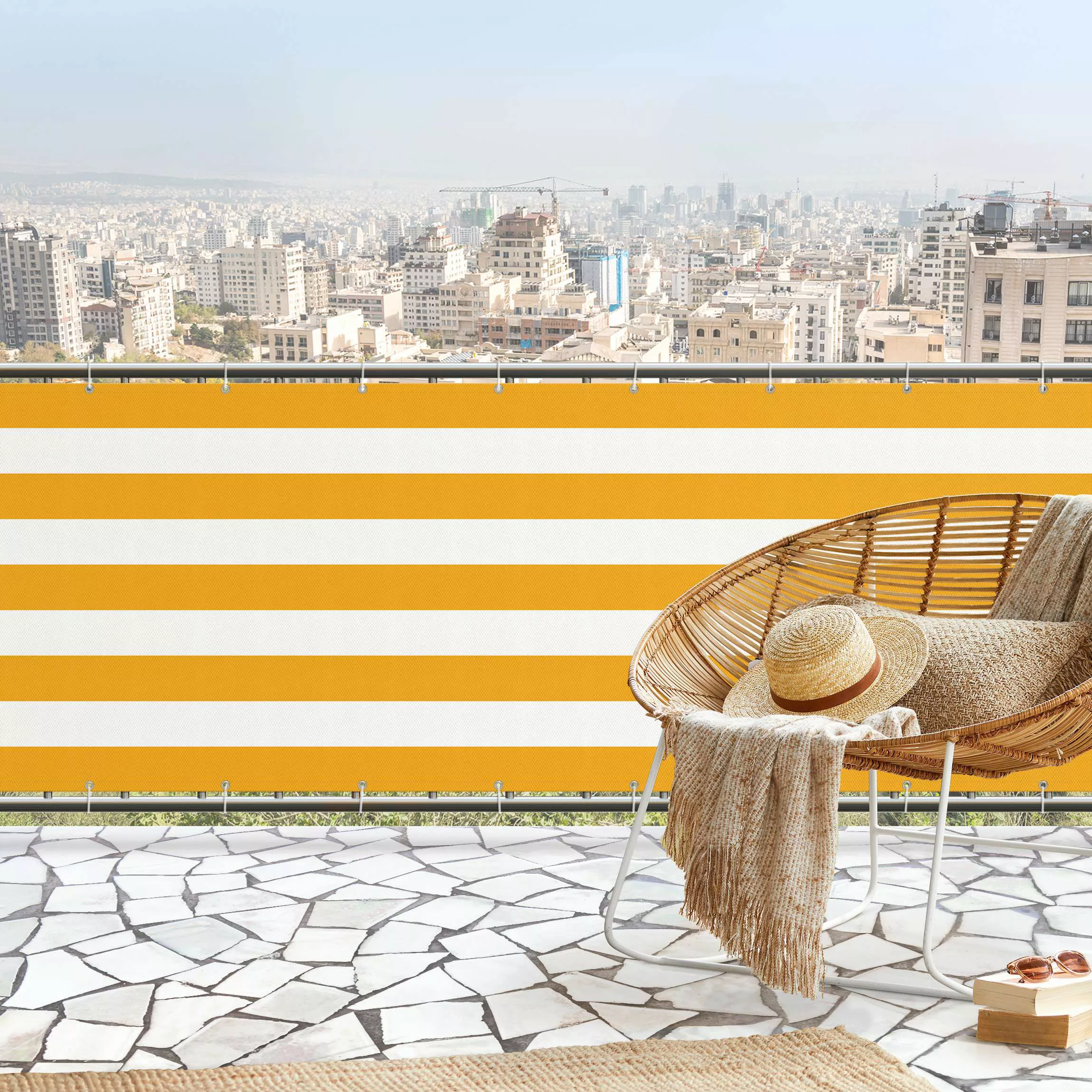 Balkon Sichtschutz Querstreifen in Warmem Gelb günstig online kaufen