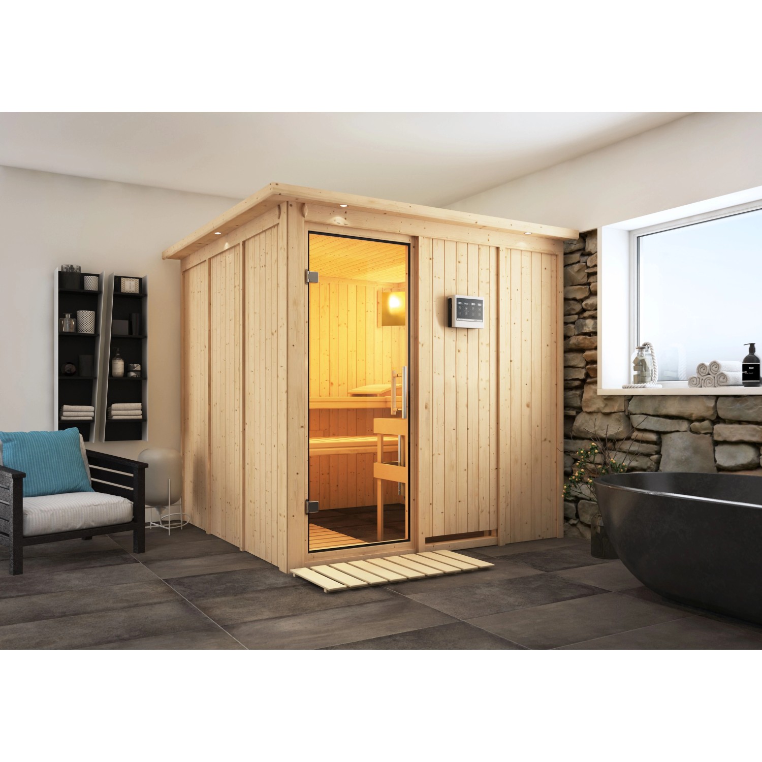 Karibu Sauna Rikka mit Bio-Ofen externe Stg.Easy LED-Dachkranz Natur günstig online kaufen