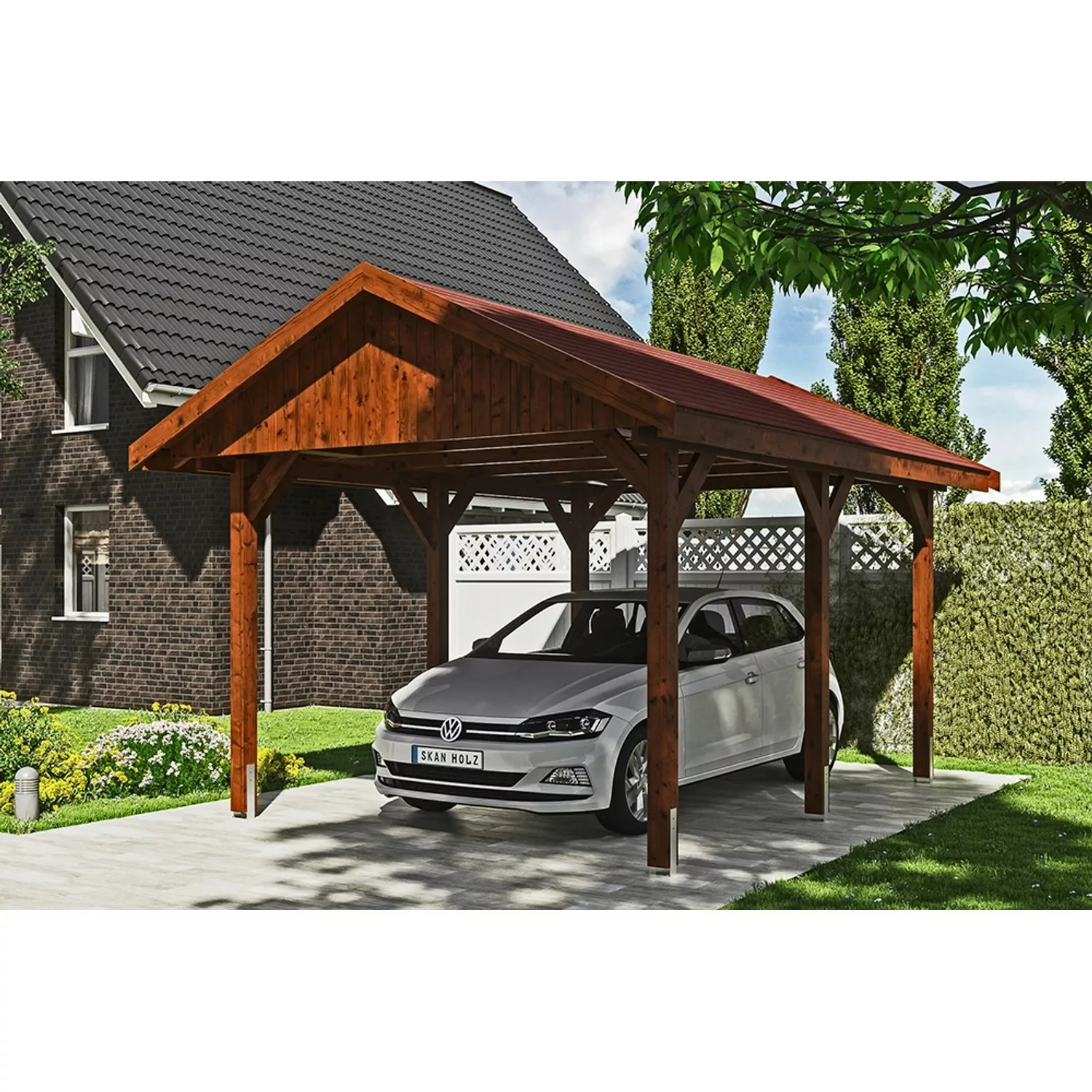 Satteldach-Carport Wallgau Nussbaum 380 x 500 cm rote Schindeln günstig online kaufen
