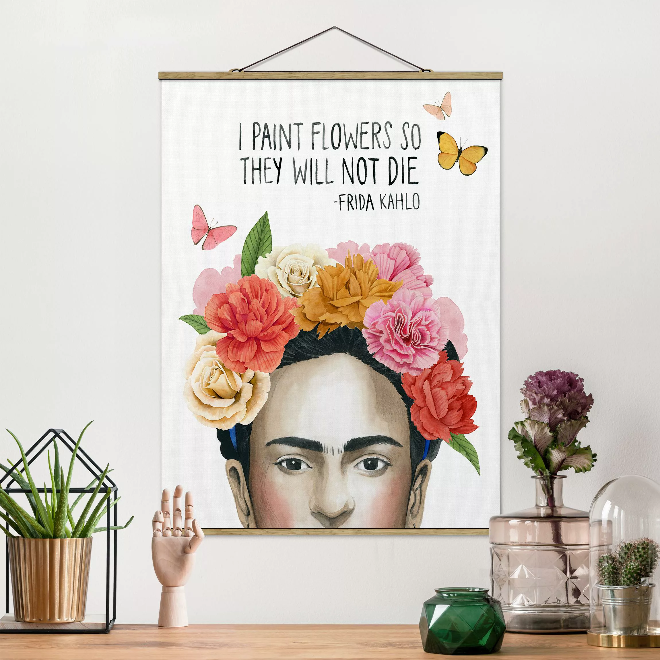 Stoffbild Kunstdruck mit Posterleisten - Hochformat Fridas Gedanken - Blume günstig online kaufen