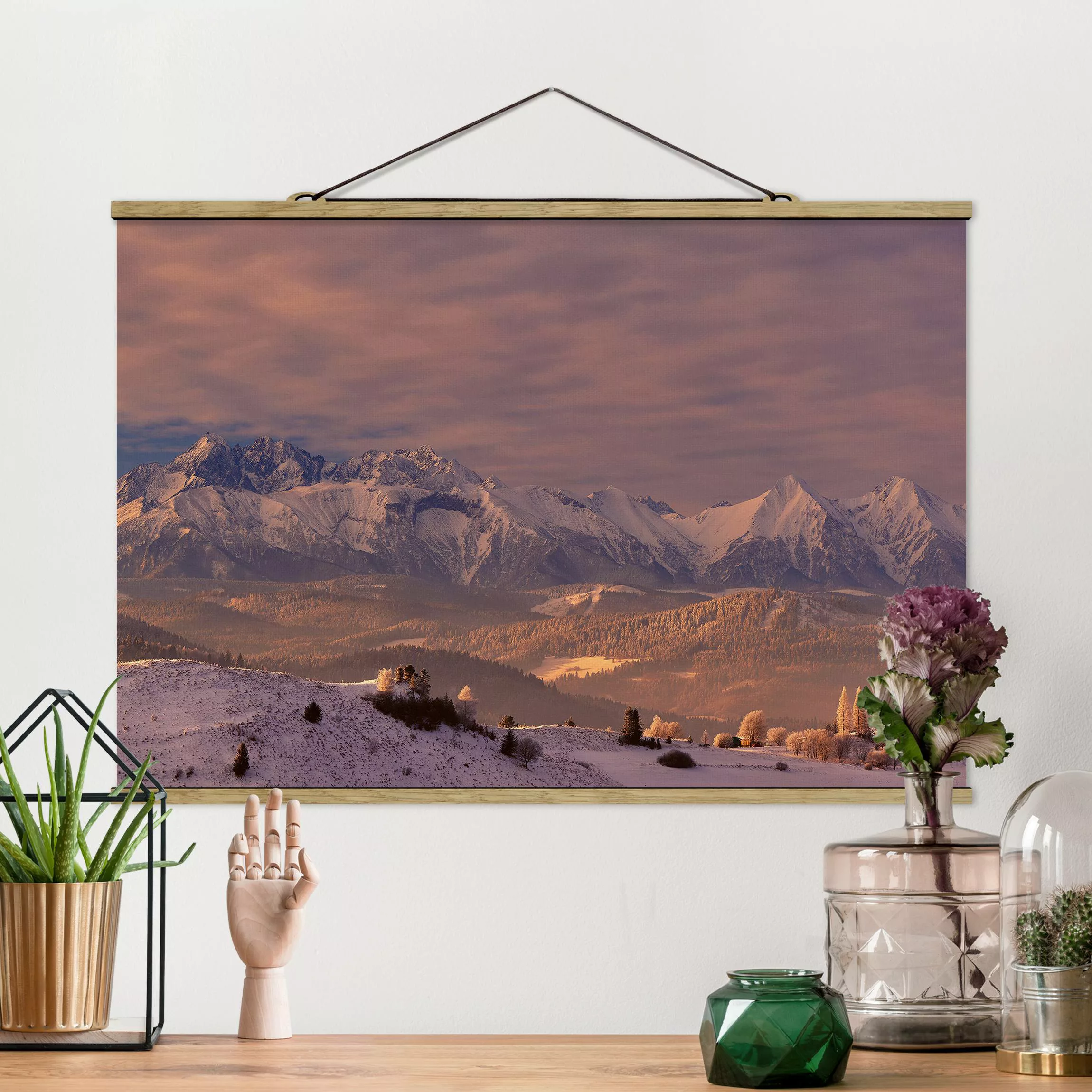 Stoffbild Berge mit Posterleisten - Querformat Hohe Tatra am Morgen günstig online kaufen