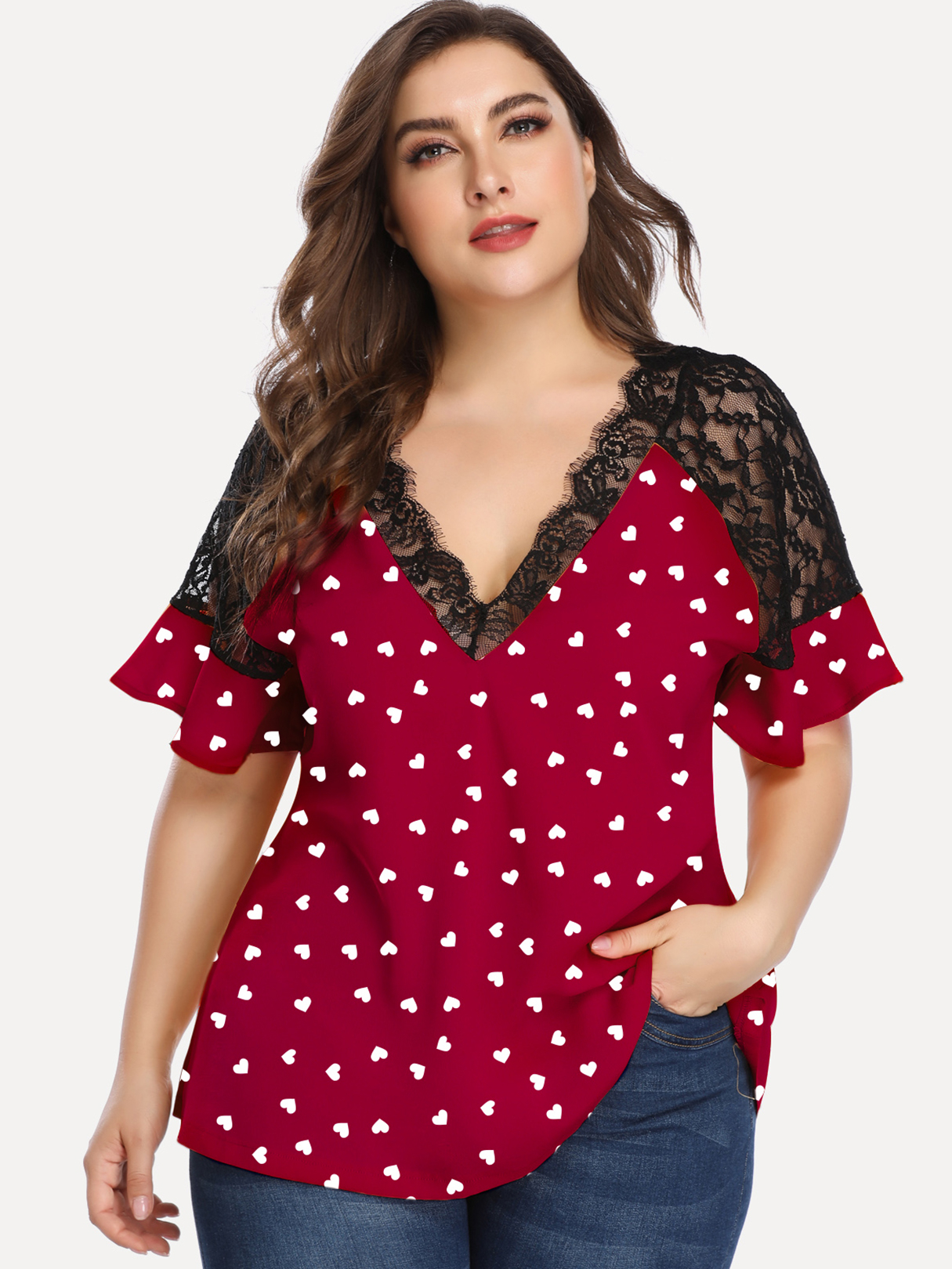 Plus Size V-Ausschnitt Herz Spitze Patchwork Design Kurzarm Bluse günstig online kaufen