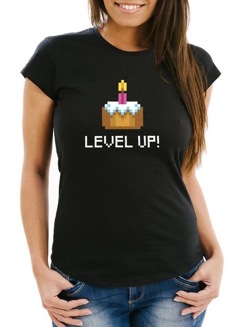 MoonWorks Print-Shirt Damen T-Shirt Geburtstag Level Up Pixel-Torte Retro G günstig online kaufen