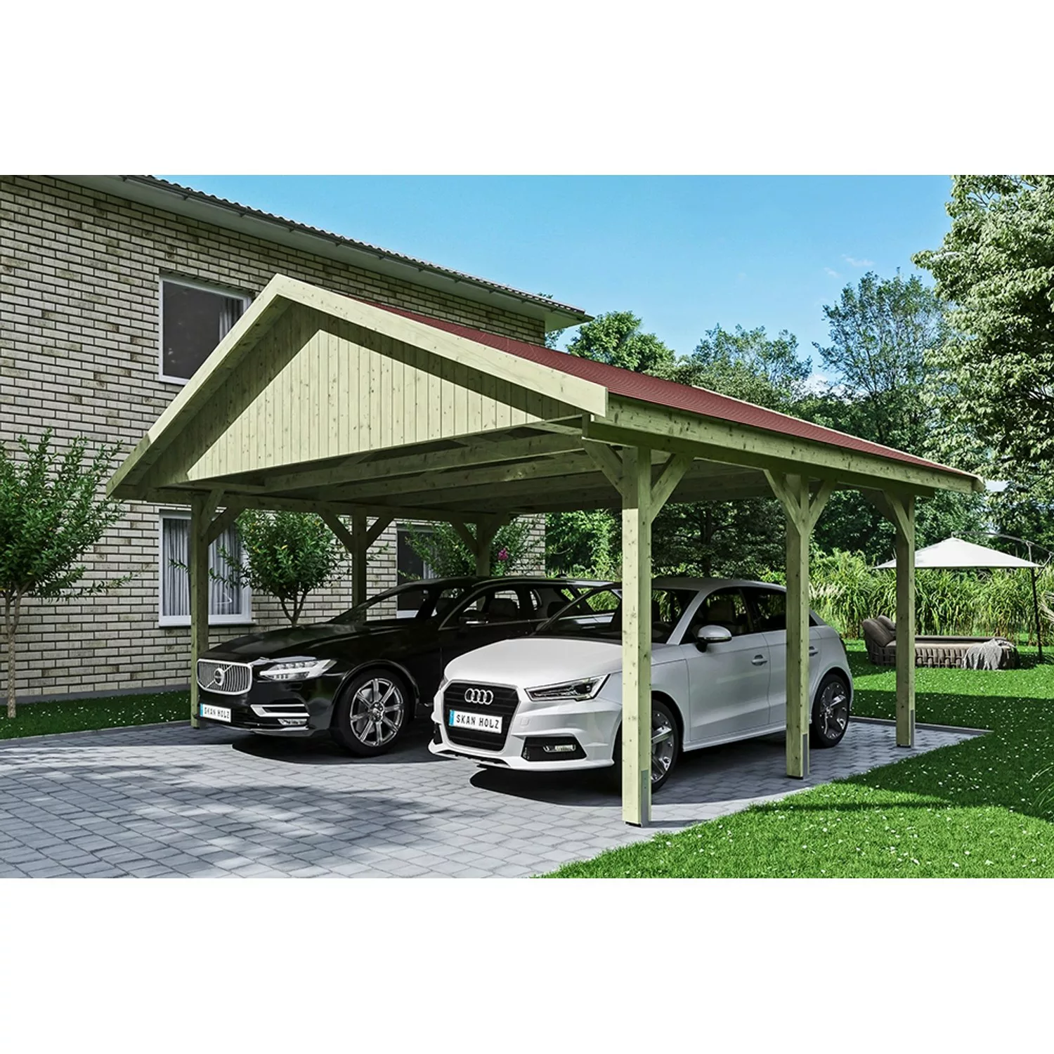 Satteldach-Carport Wallgau 620 x 500 cm rote Schindeln günstig online kaufen