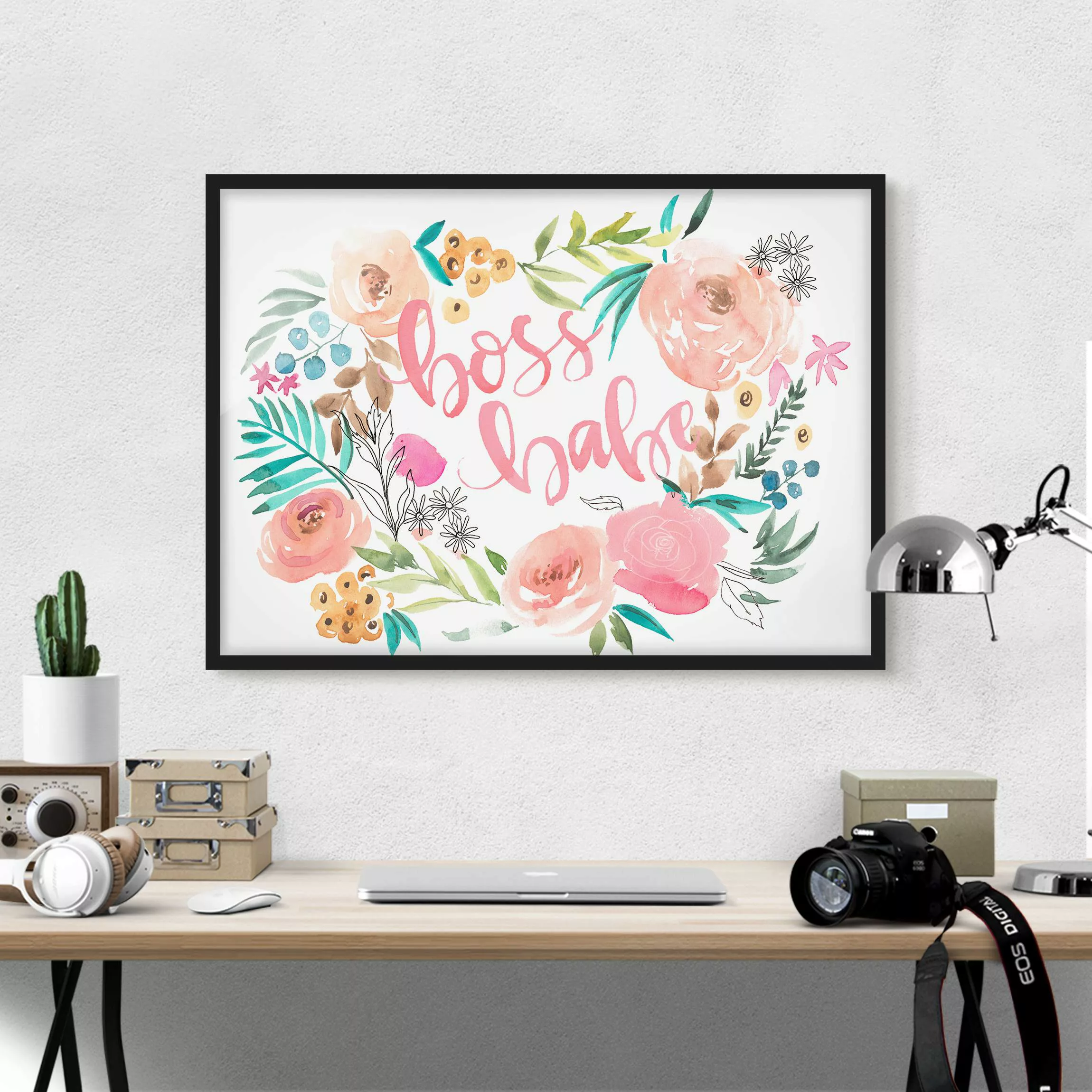 Bild mit Rahmen Spruch - Querformat Rosa Blüten - Boss Babe günstig online kaufen