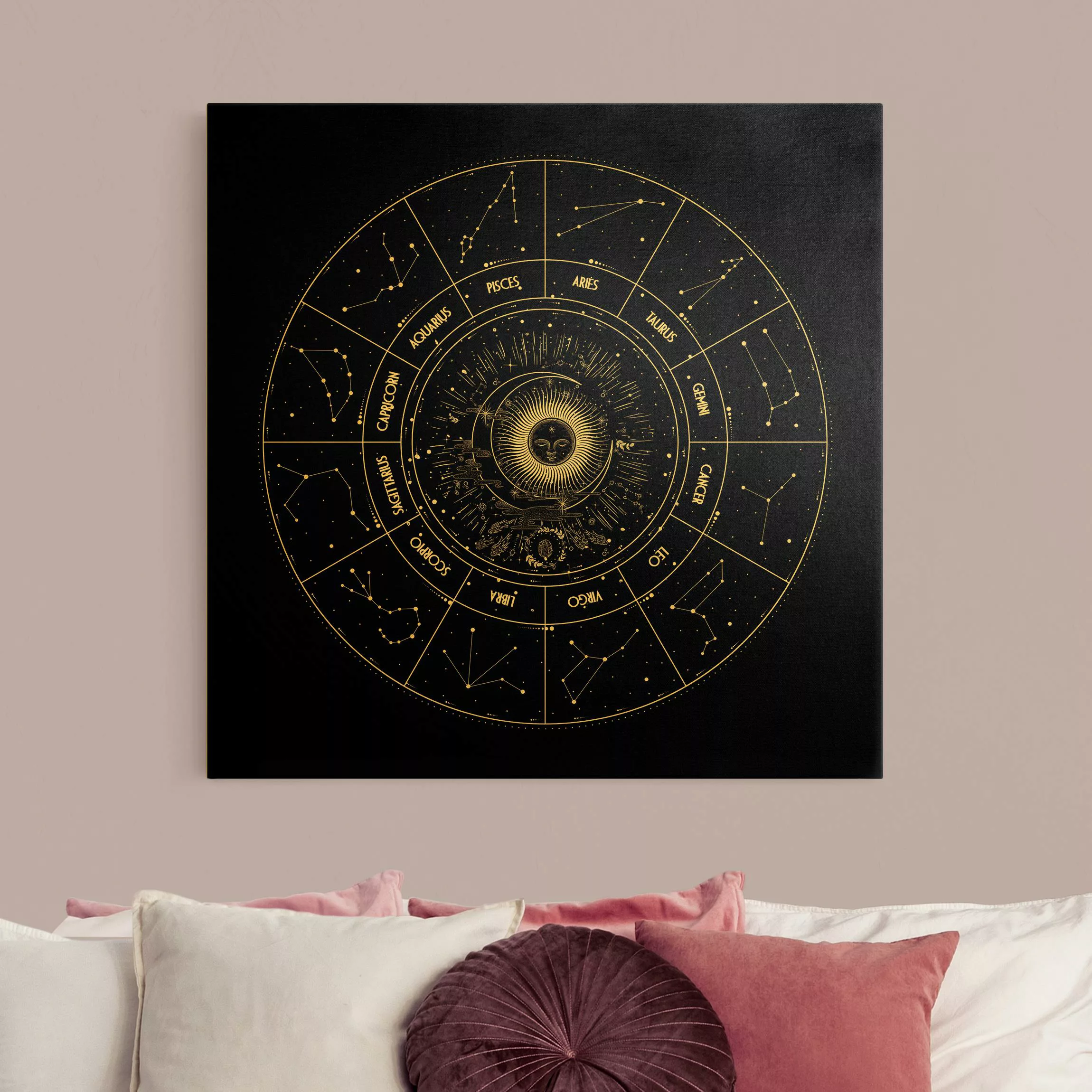 Leinwandbild Gold Astrologie Die 12 Sternzeichen Schwarz günstig online kaufen