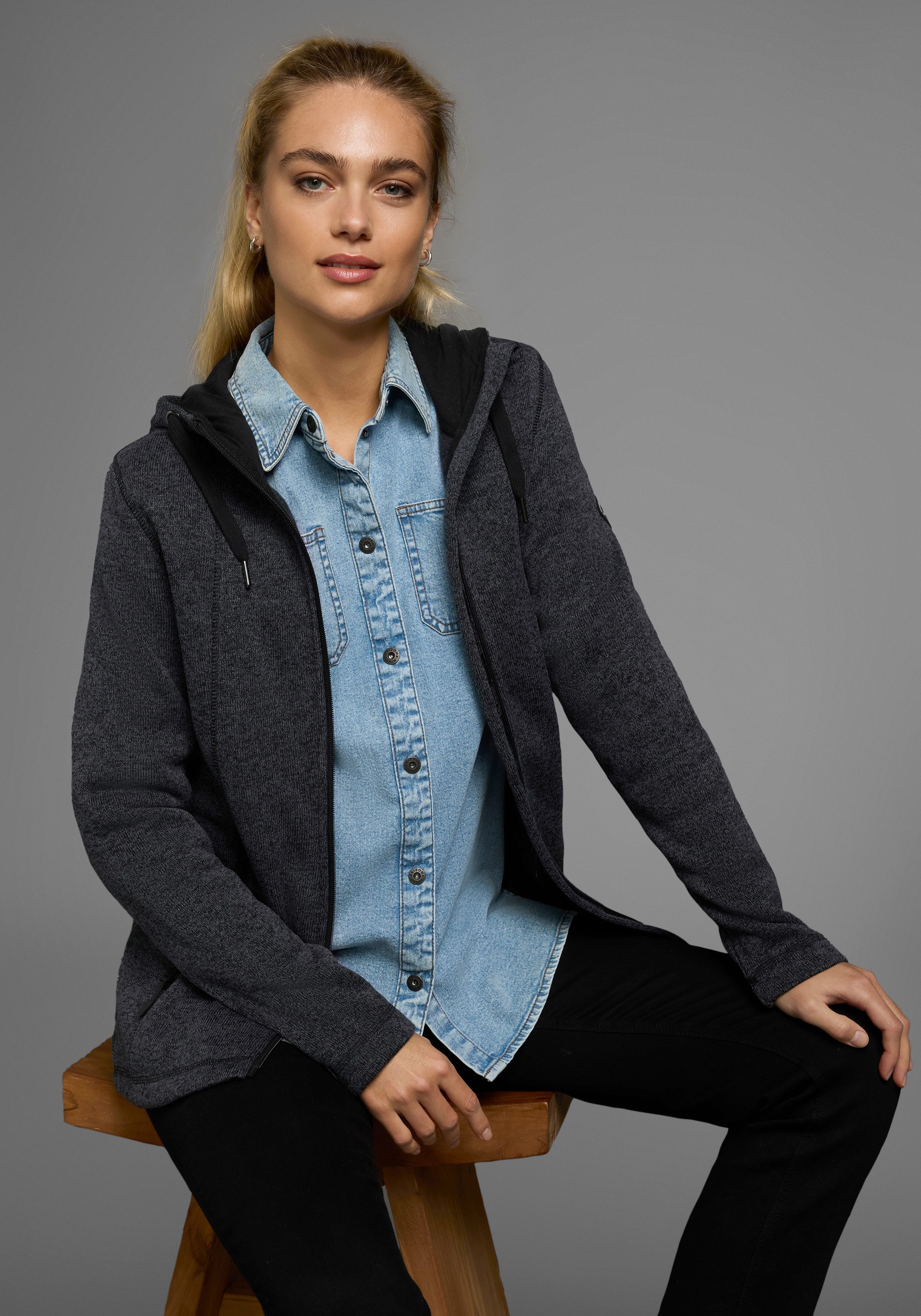 Polarino Strickfleecejacke, mit Kapuze, für kalte Tage, aus Strickfleece, s günstig online kaufen