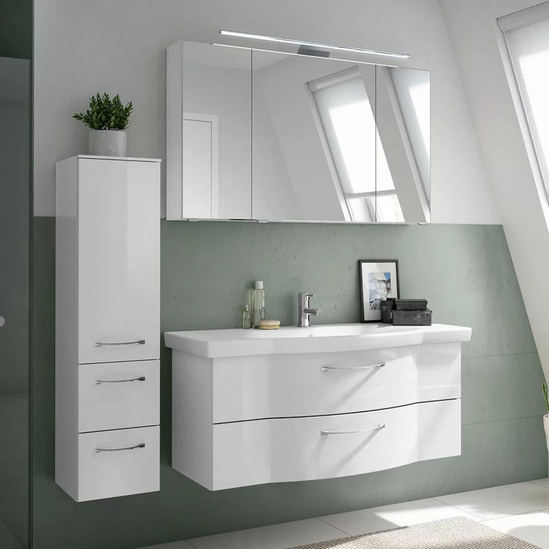 Badezimmer Möbel Set, 122cm Waschbecken, LED Beleuchtung, weiß Hochglanz, S günstig online kaufen