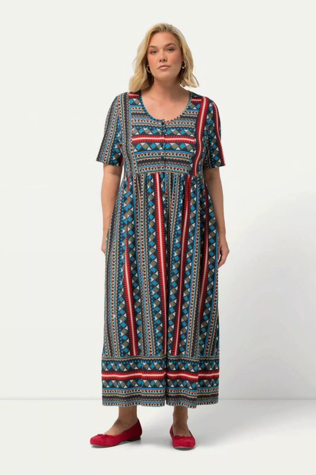 Ulla Popken Sommerkleid Jerseykleid Bordüre A-Linie Rundhals Halbarm günstig online kaufen