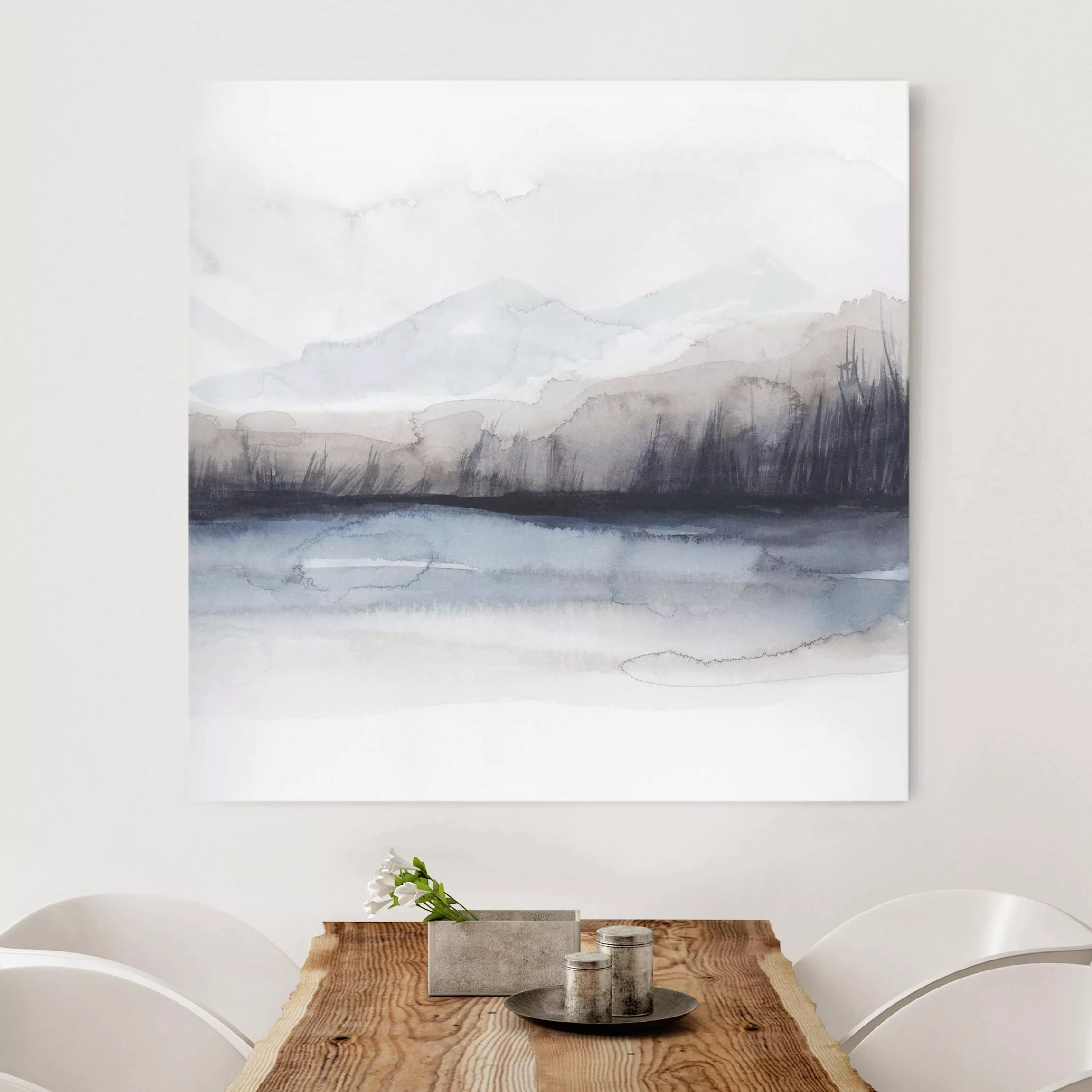 Leinwandbild Abstrakt - Quadrat Seeufer mit Bergen I günstig online kaufen