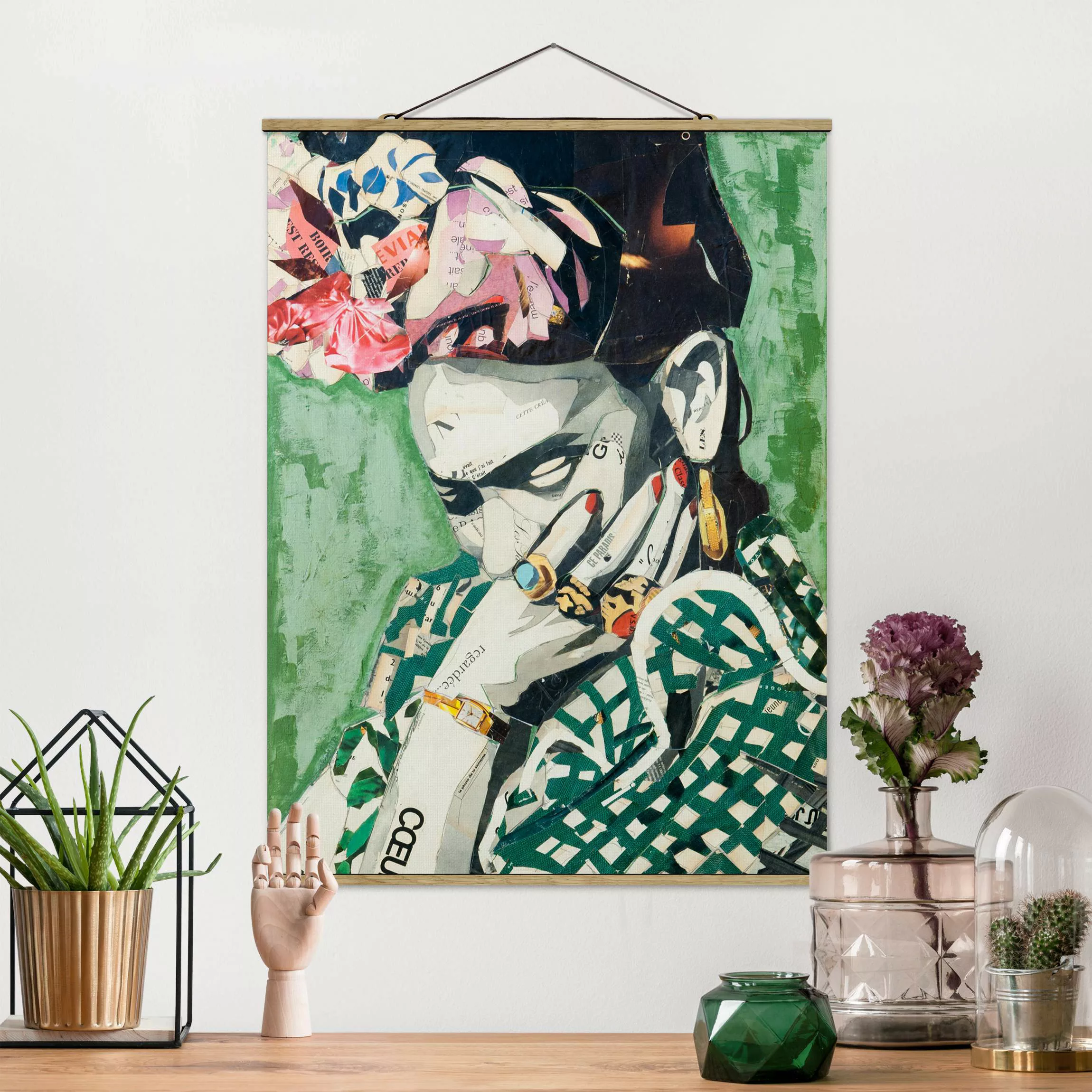 Stoffbild Kunstdruck mit Posterleisten - Hochformat Frida Kahlo - Collage N günstig online kaufen