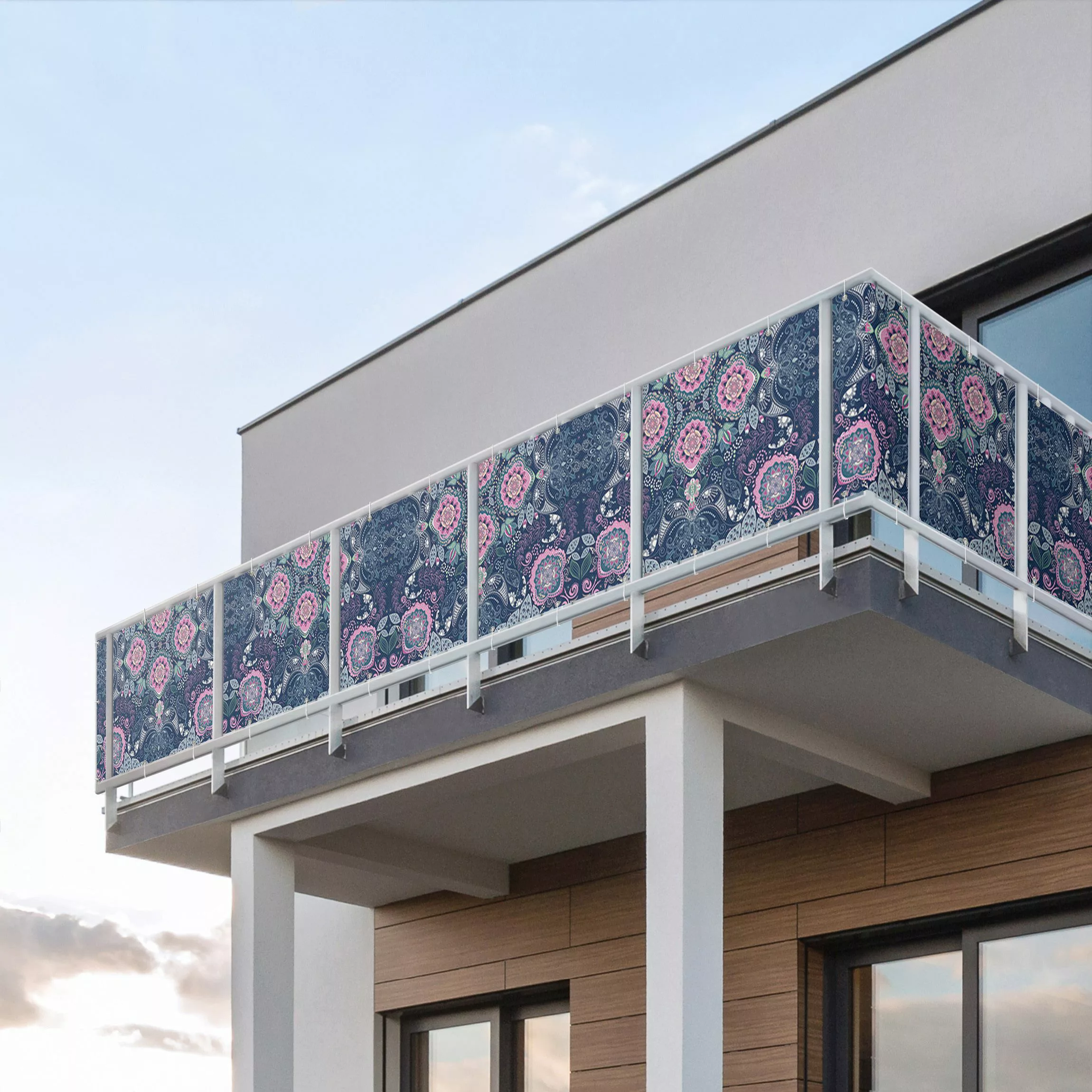 Balkon Sichtschutz Detailliertes Boho Muster in Blau günstig online kaufen