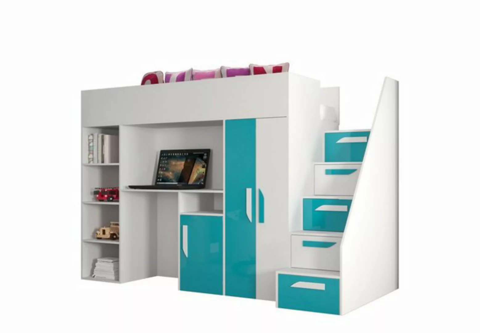 QMM TraumMöbel Hochbett PARIS 4 mit Schreibtisch Schrank Regal und Treppe H günstig online kaufen