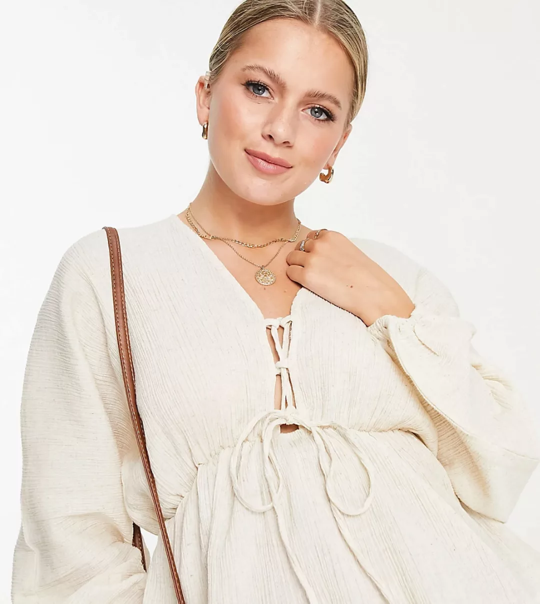 ASOS DESIGN Maternity – Vorne gebundenes Kimono-Oberteil in Stein-Neutral günstig online kaufen