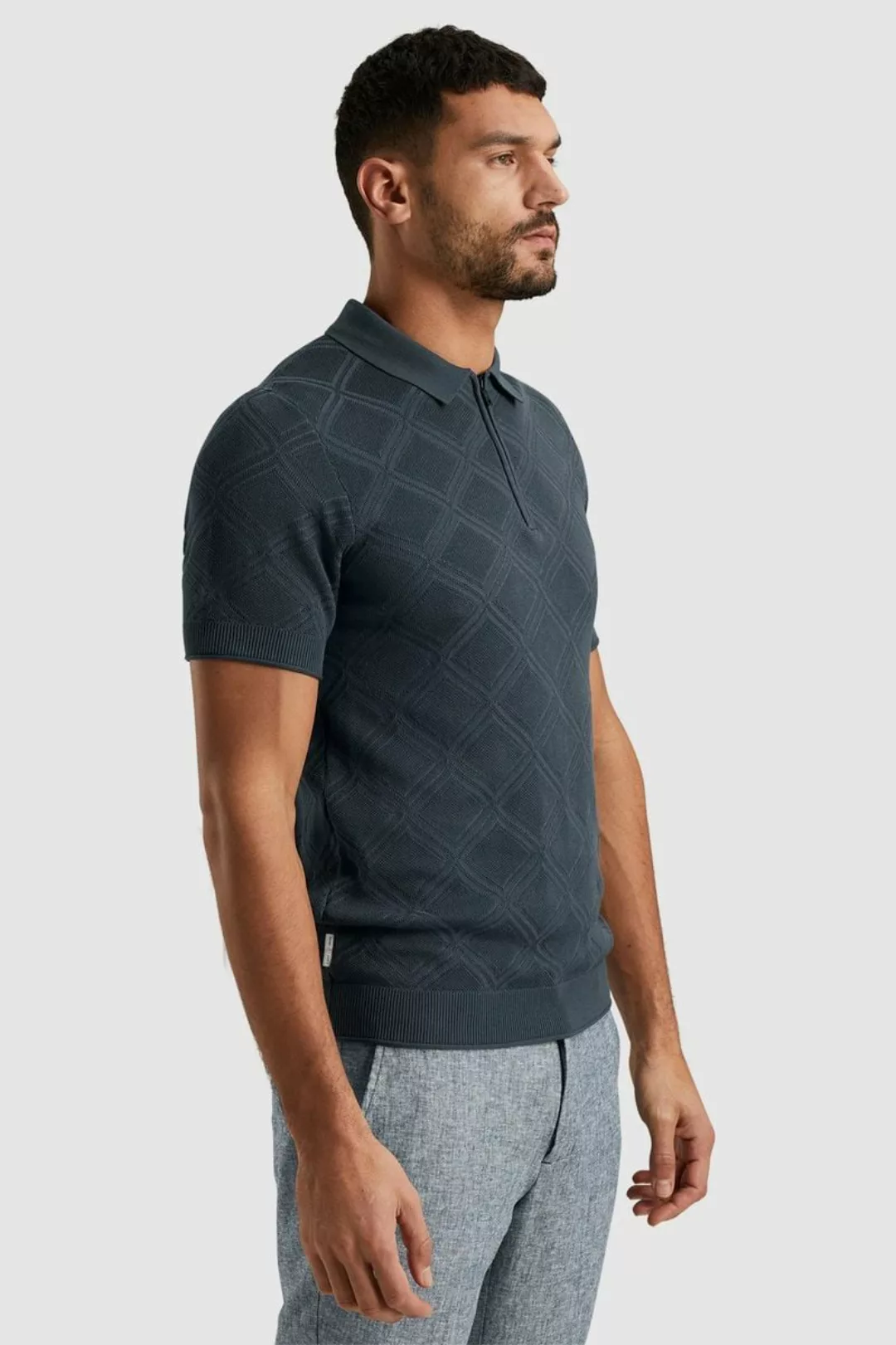 Cast Iron Knitted Half Zip Poloshirt Struktur Blau - Größe M günstig online kaufen