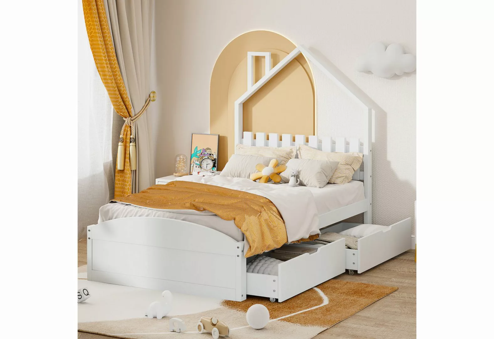 Flieks Kinderbett, Holzbett Einzelbett 90x200cm mit 2 Schubladen & Haus-For günstig online kaufen