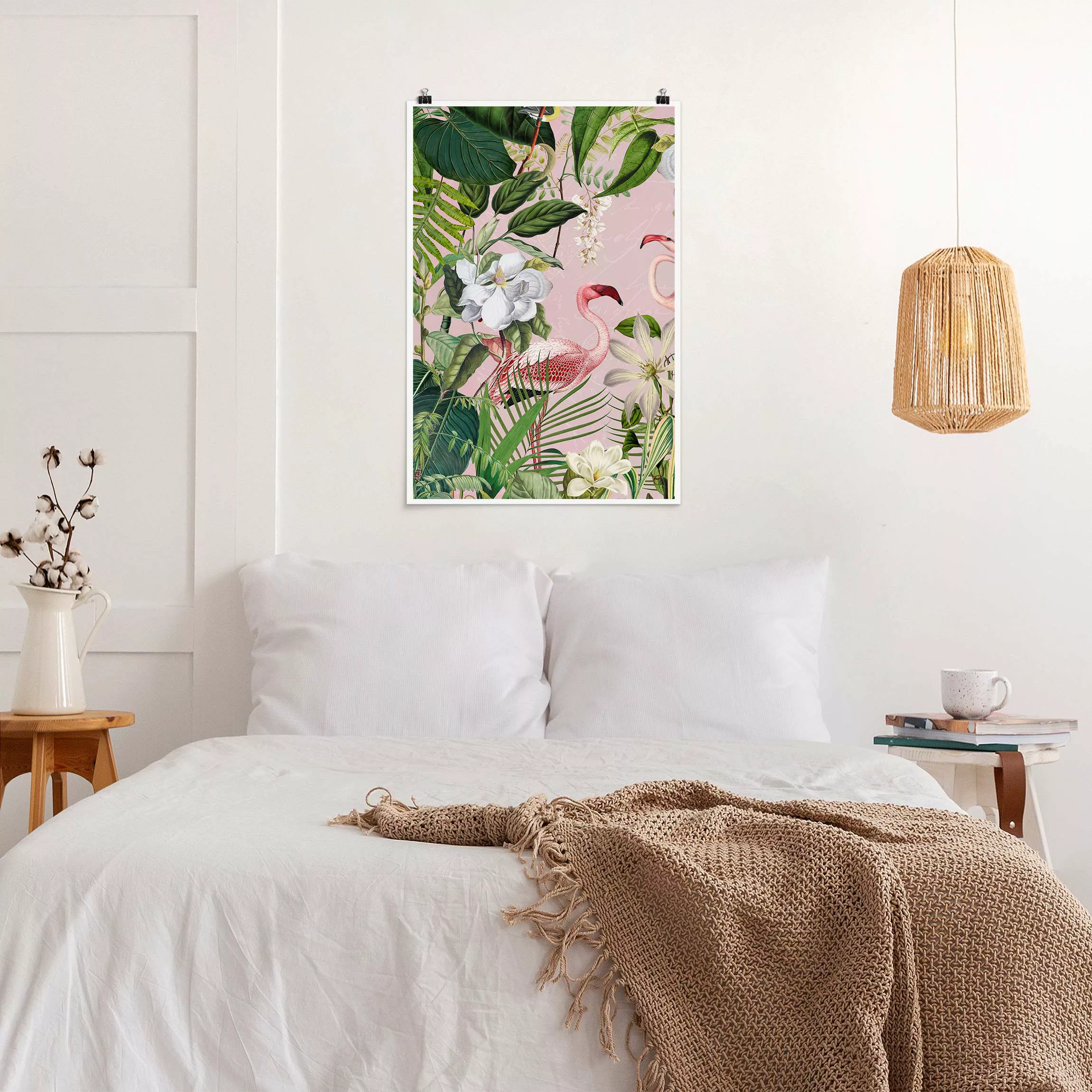 Poster Tropische Flamingos mit Pflanzen in Rosa günstig online kaufen