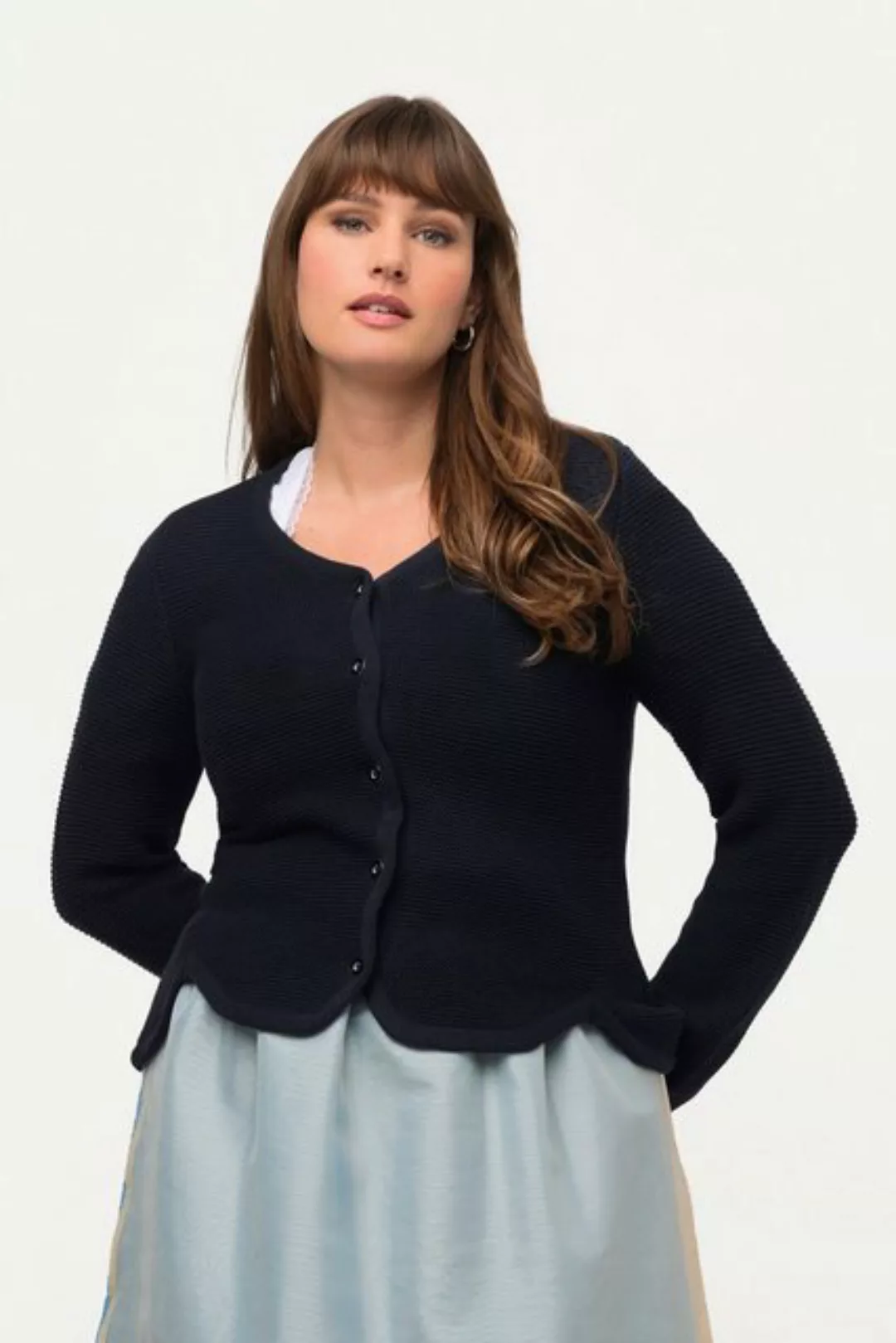 Ulla Popken Strickjacke Dirndl-Strickjacke tailliert Rundhals Bogensaum günstig online kaufen