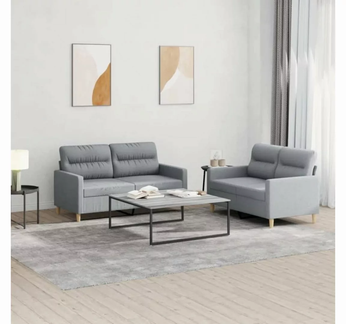 vidaXL Sofa Sofagarnitur Set mit Kissen Stoff, 2-tlg., Hellgrau günstig online kaufen