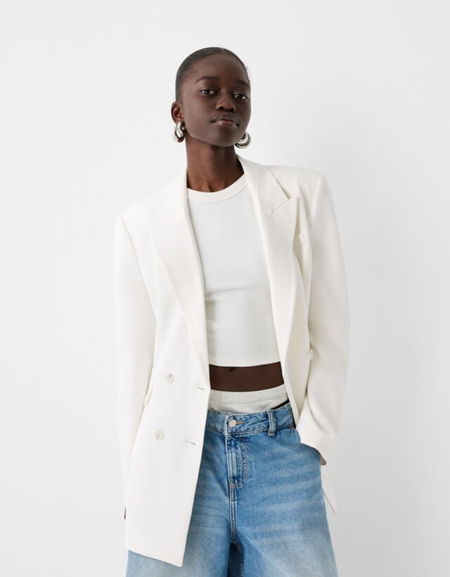 Bershka Doppelreihiger Blazer Damen S Rohweiß günstig online kaufen