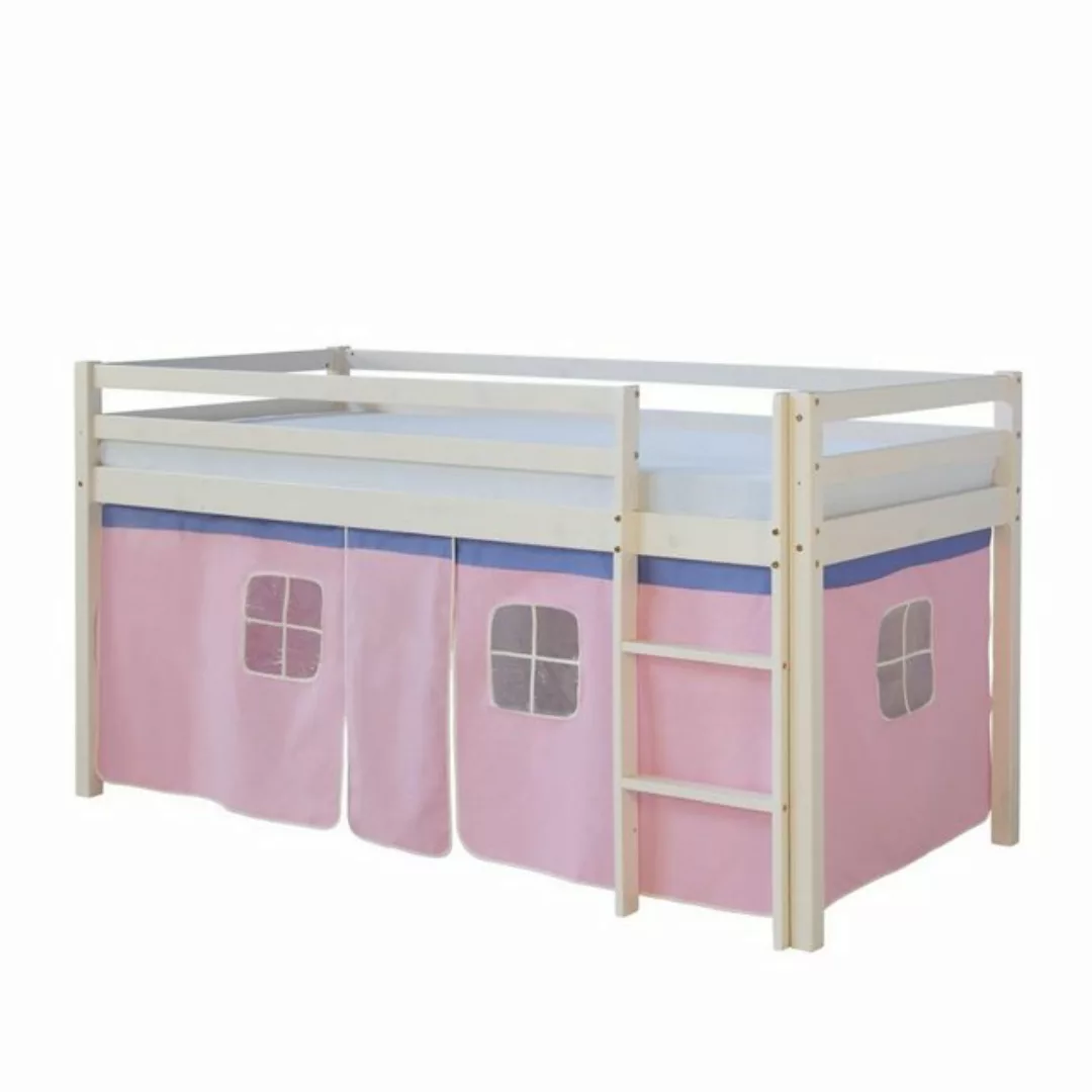 Homestyle4u Hochbett Kinderbett mit Leiter und Vorhang Weiß Rosa Holz Kiefe günstig online kaufen