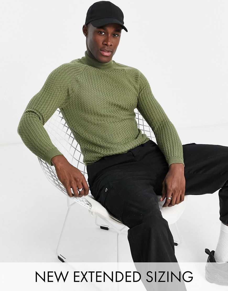 ASOS DESIGN – Strukturierter Strickpullover in Khaki mit Muskelshirt-Schnit günstig online kaufen