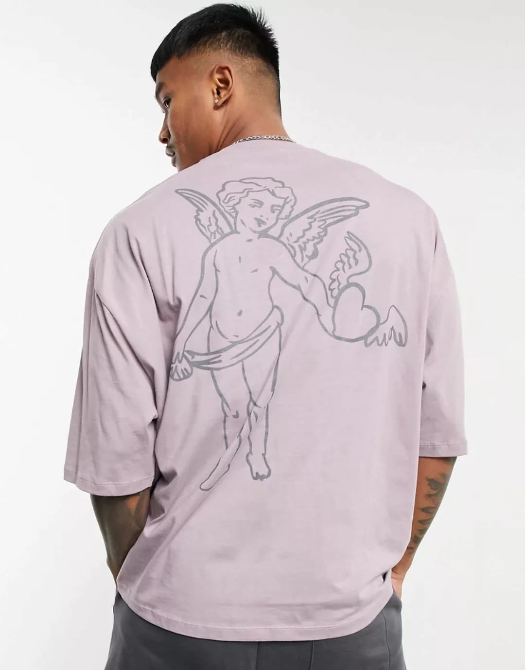 ASOS DESIGN – Oversize-T-Shirt in Lila mit Engel-Print auf dem Rücken günstig online kaufen