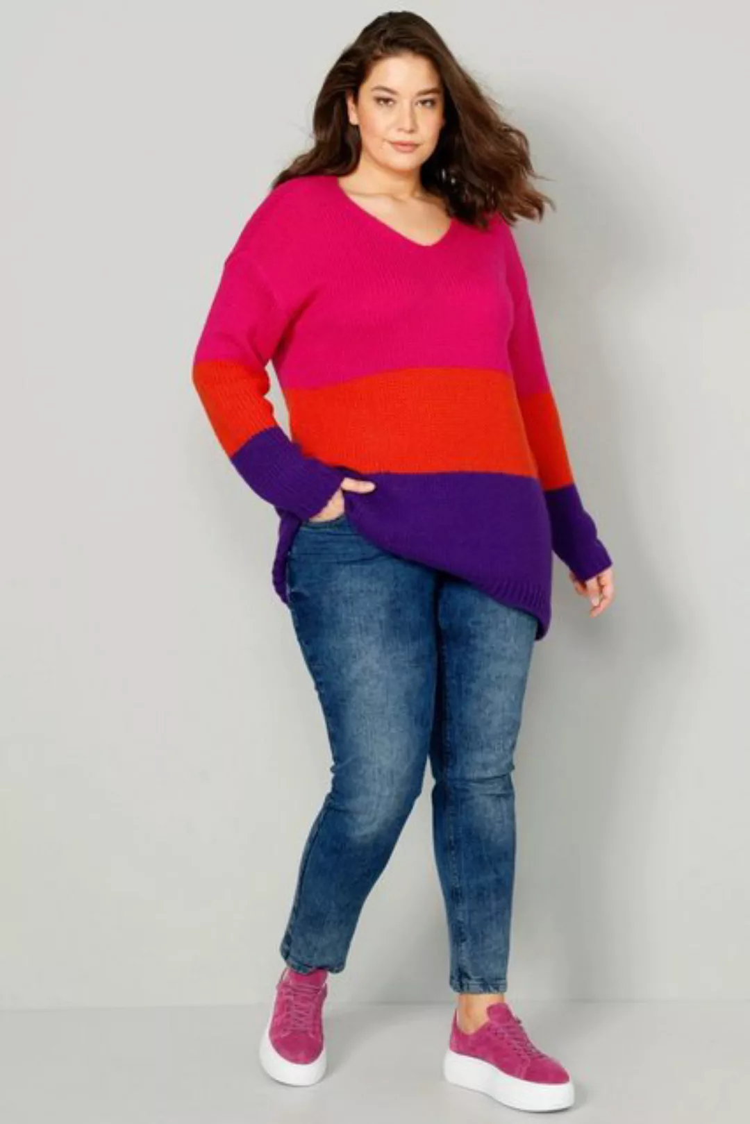 Angel of Style Strickpullover Pullover oversized Blockstreifen V-Ausschnitt günstig online kaufen