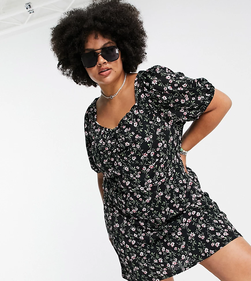 Only Curve – Minikleid mit geraffter Brustpartie und Blumenmuster-Mehrfarbi günstig online kaufen