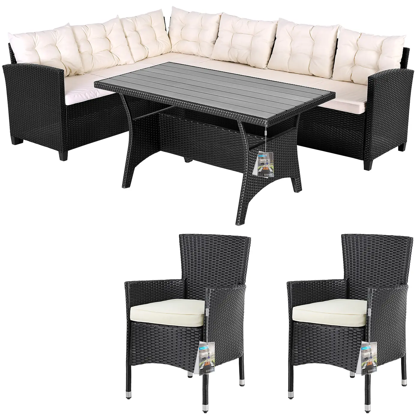 Polyrattan Ecklounge Lissabon Schwarz/Creme inkl 2 Stühlen günstig online kaufen