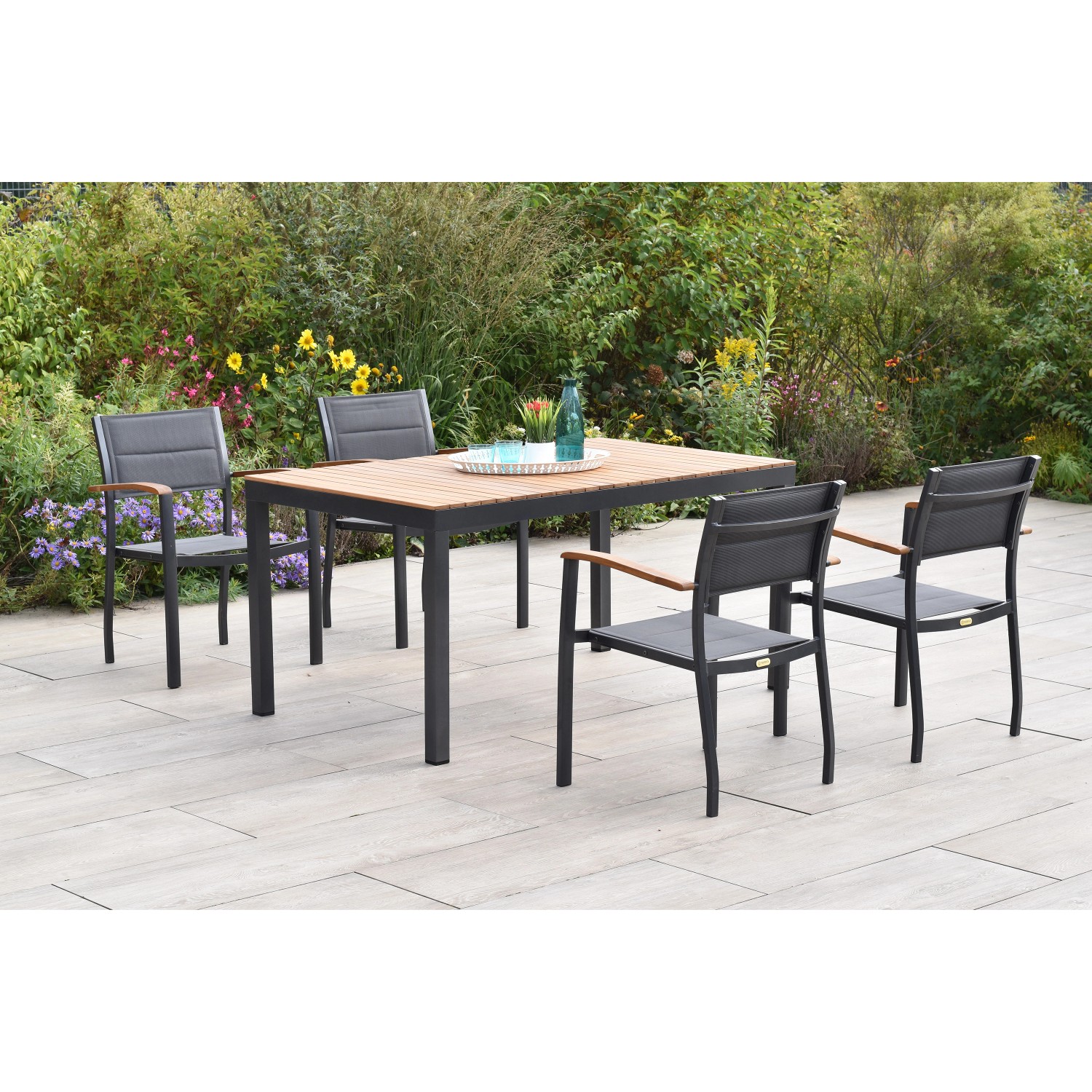 Merxx Paxos Set 5-tlg. 4 Stapelsessel Gartentisch 150 x 90 cm günstig online kaufen