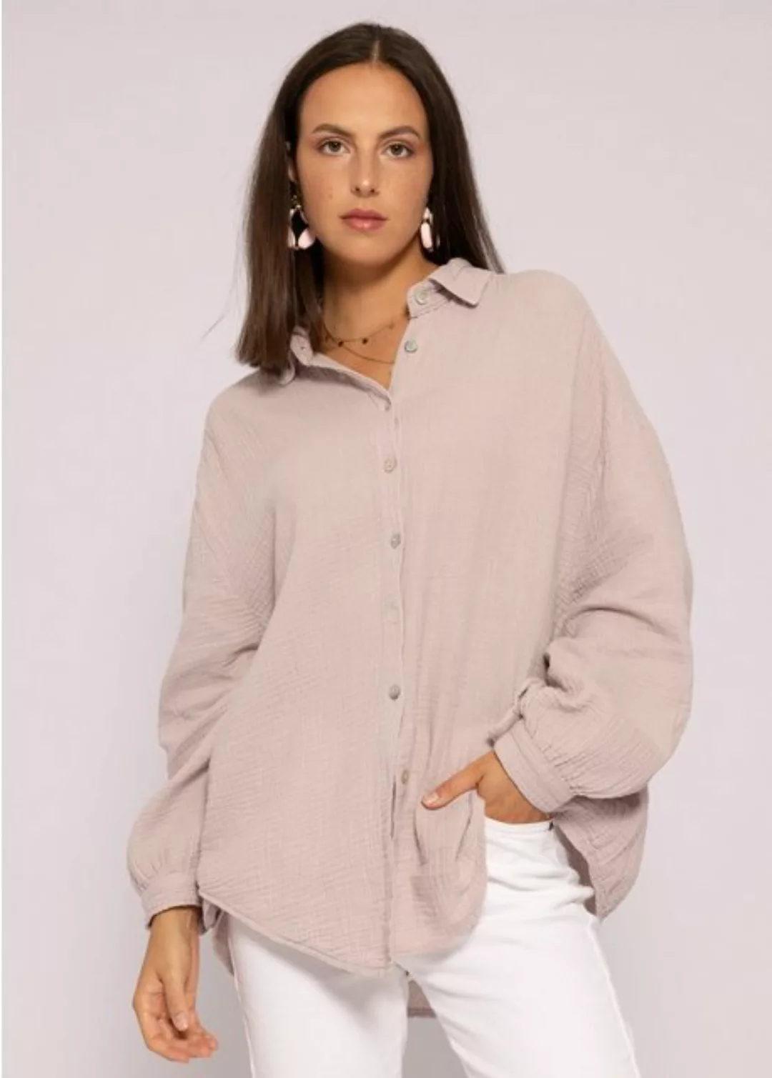 SASSYCLASSY Longbluse Oversize Musselin Bluse Damen Langarm Hemdbluse lang günstig online kaufen