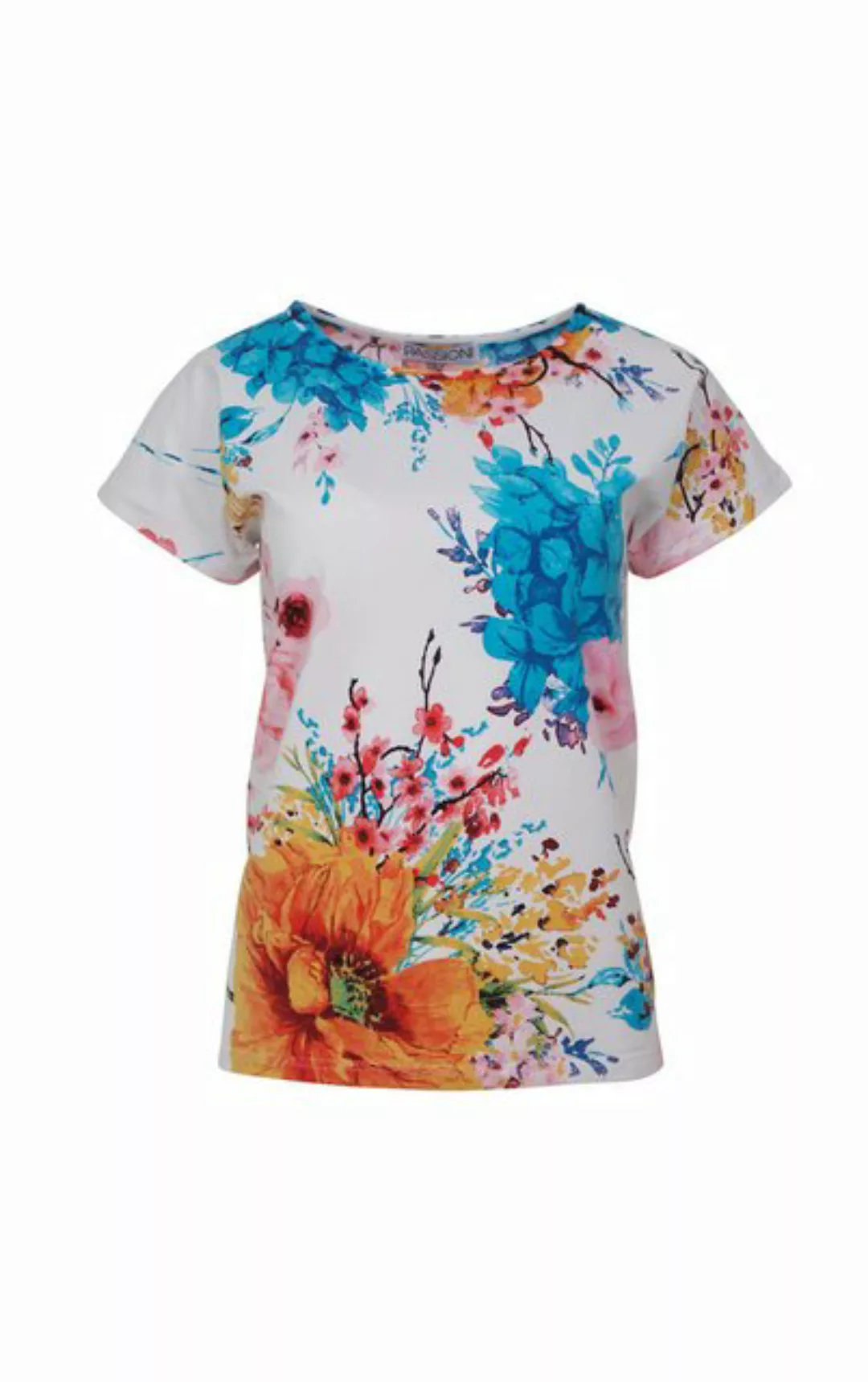 Passioni T-Shirt in Weiß, mit buntem floralem Print und Rundhalsausschnitt günstig online kaufen