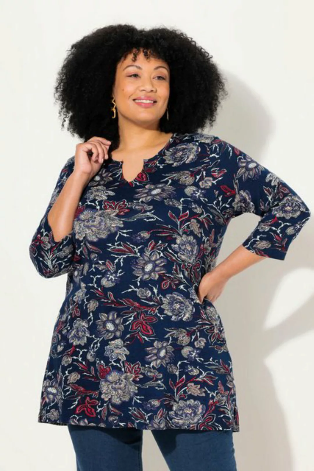 Ulla Popken Longshirt Longshirt Blüten A-Linie Tunika-Ausschnitt 3/4-Arm günstig online kaufen