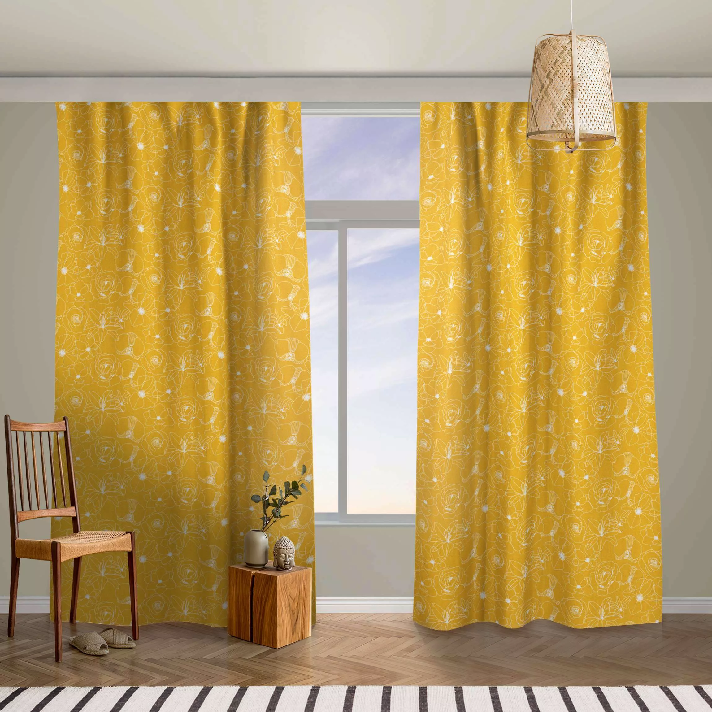 Vorhang Outline Blüten Muster - Warmes Gelb günstig online kaufen