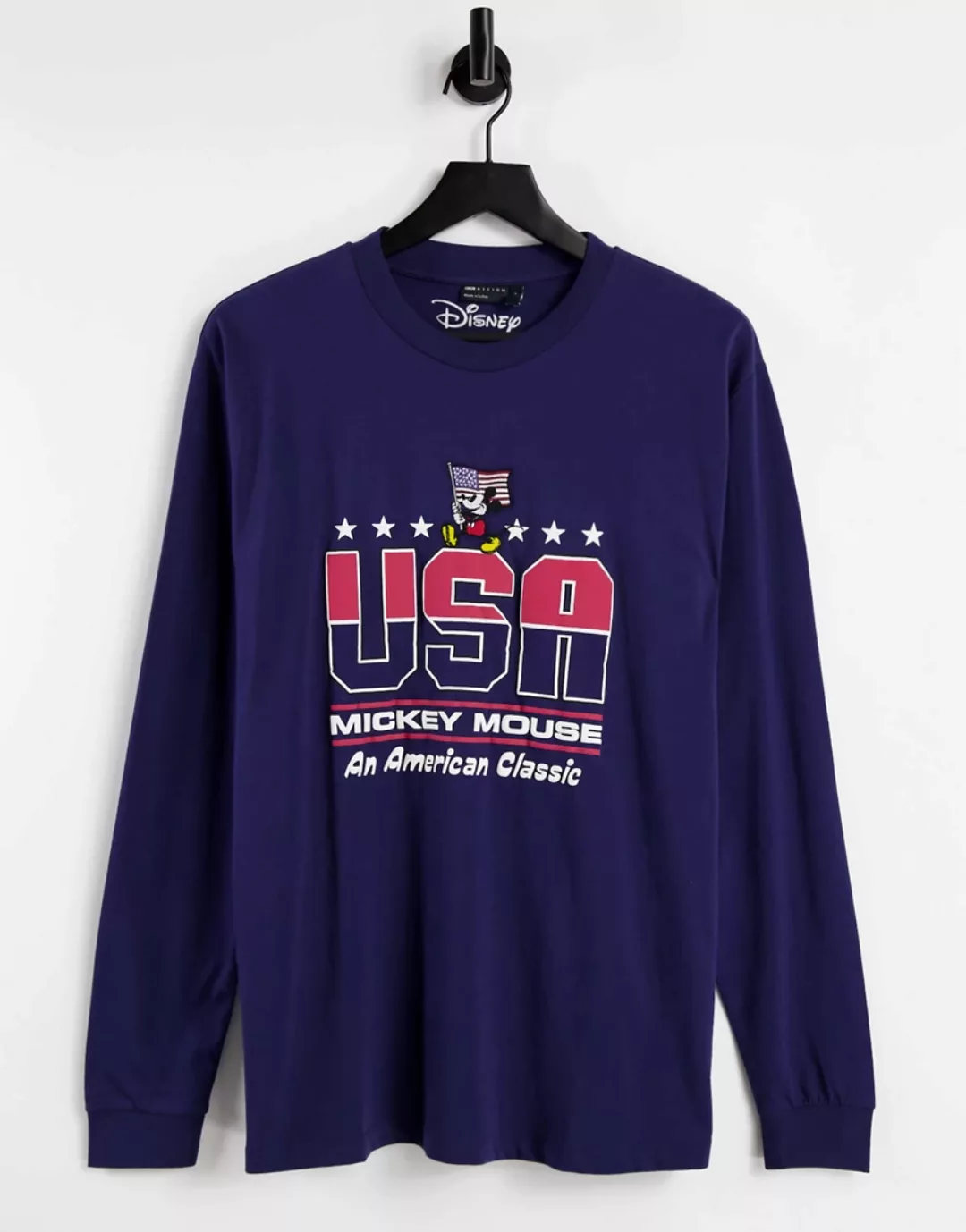 ASOS DESIGN – Langärmliges Shirt in Marineblau mit Mickey-US-Print günstig online kaufen