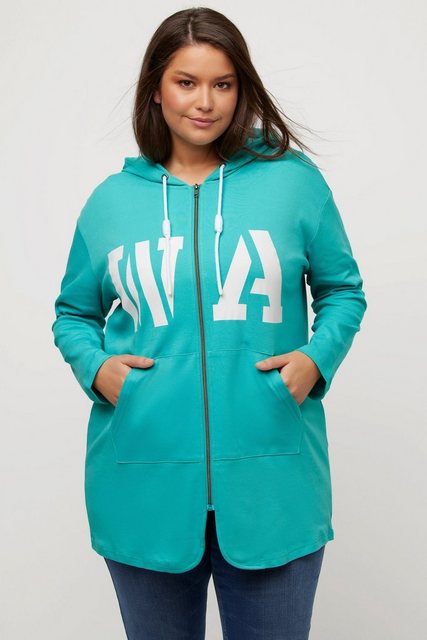 Ulla Popken Sweatjacke Long-Sweatjacke Schriftmotiv Kapuze Knotenband günstig online kaufen