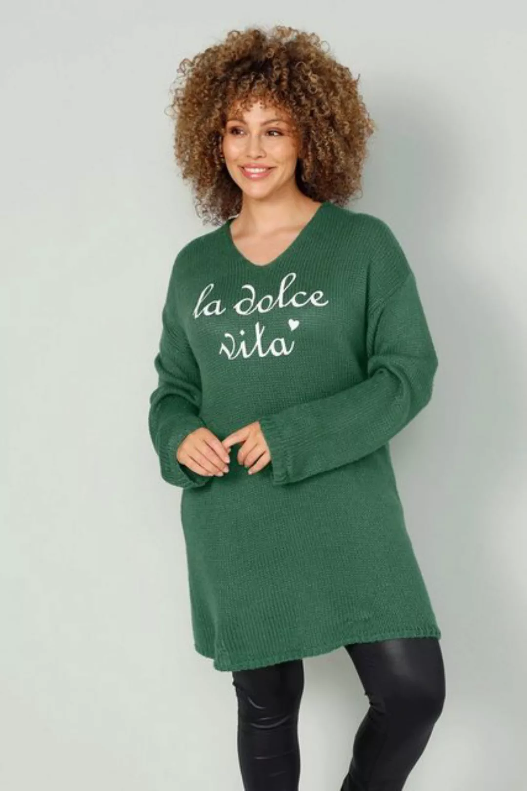 MIAMODA Strickpullover Long-Pullover Schriftzug V-Ausschnitt Langarm günstig online kaufen