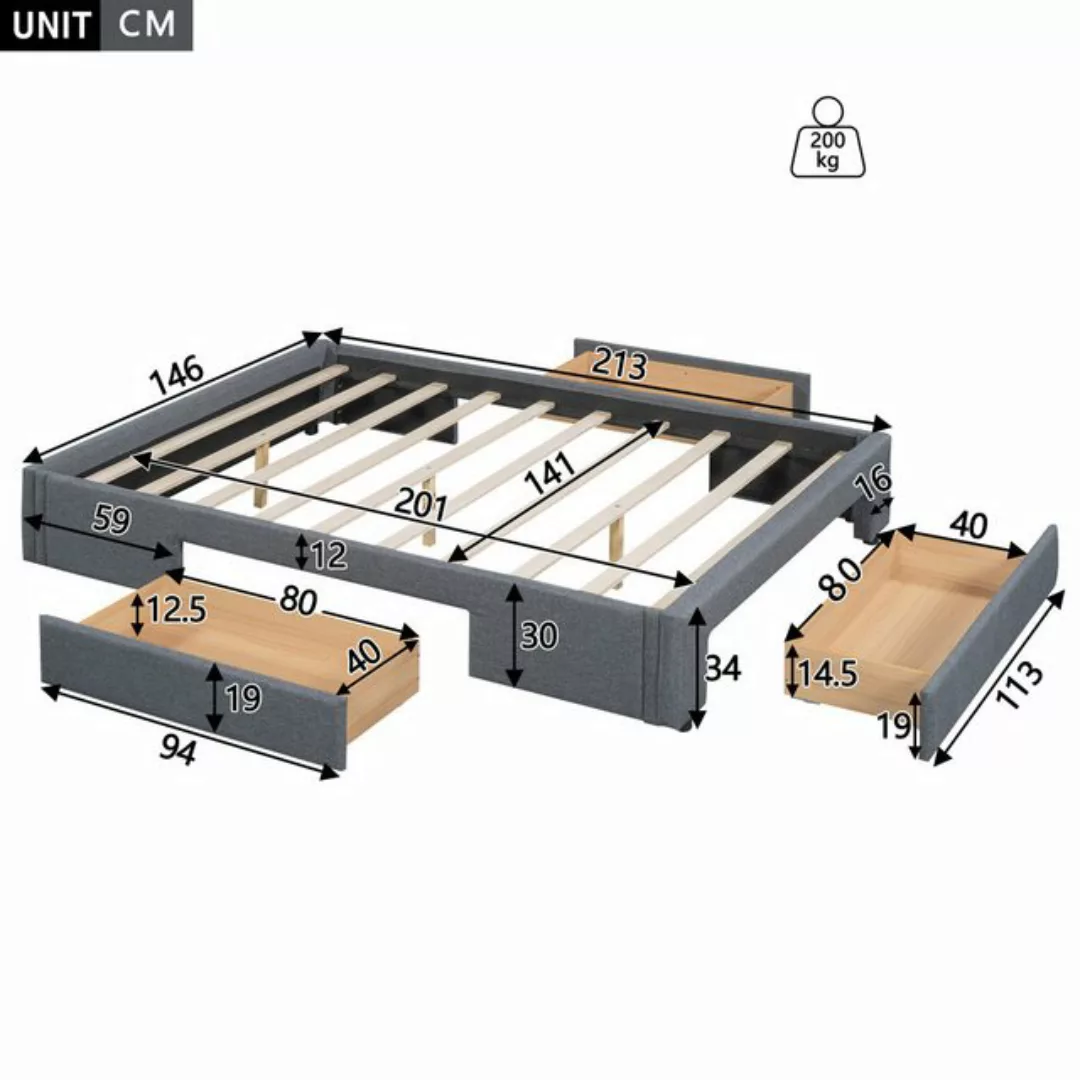 IDEASY Polsterbett Flachbett 140/160x200 cm, Doppelbett mit DREI Ablagefäch günstig online kaufen