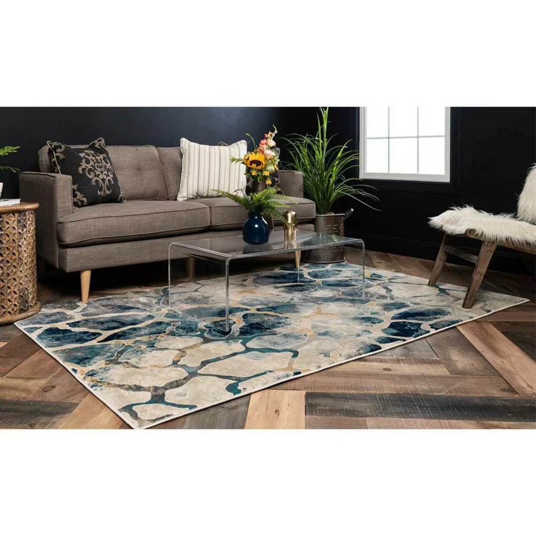 Design Teppich modern in Blau und Beige abstraktem Muster günstig online kaufen