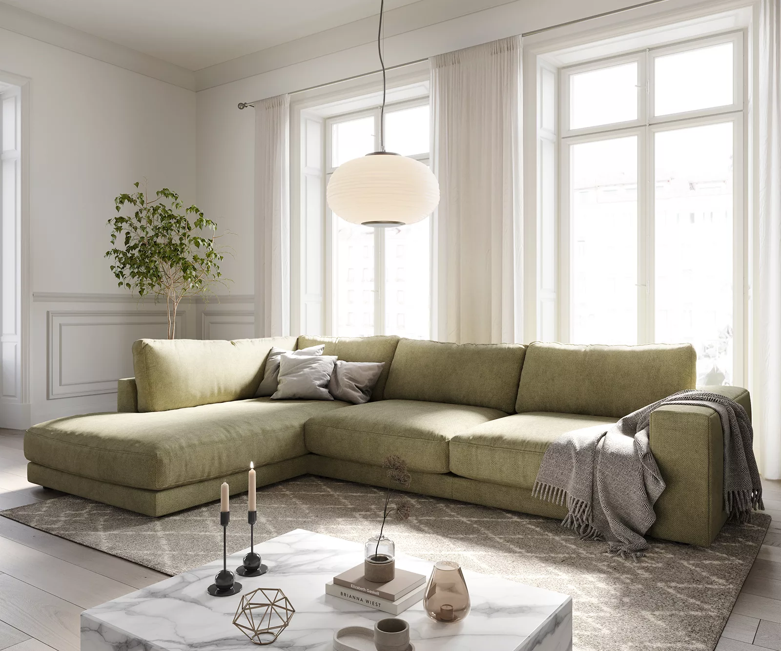 Ecksofa Cubico 325x225 cm Strukturstoff Olive Ottomane links günstig online kaufen