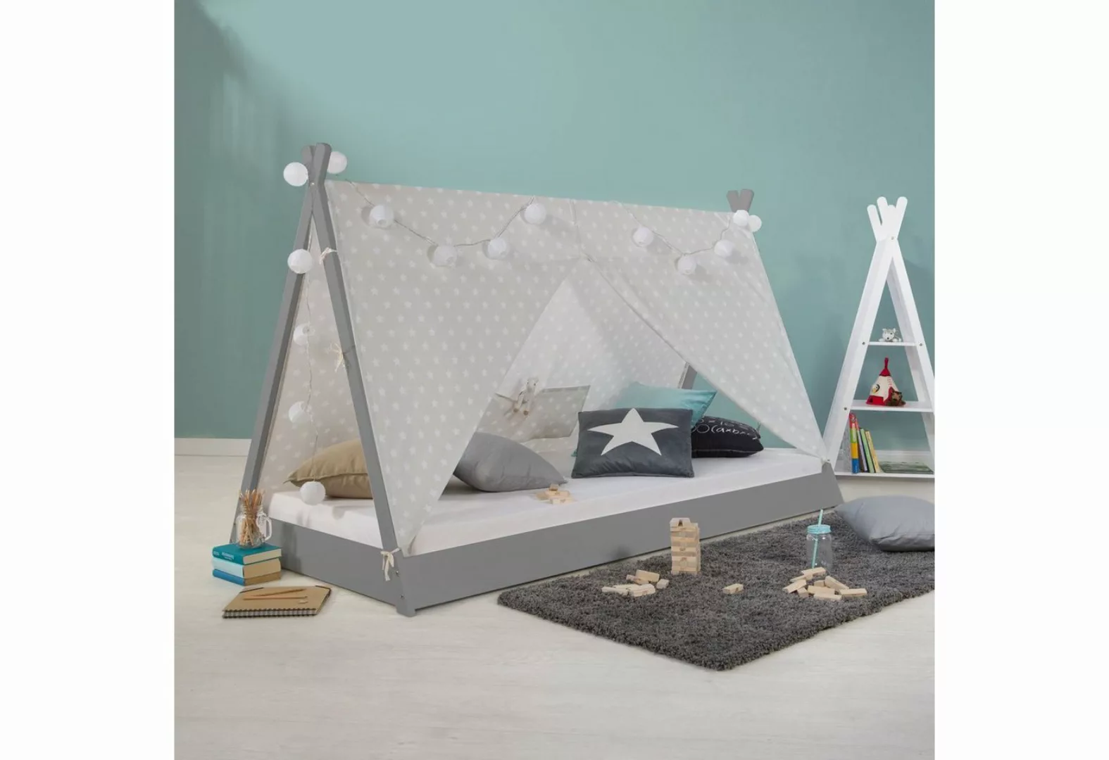 Homestyle4u Kinderbett 90x200 mit Matratze Hausbett TIPI Weiß oder Grau Vor günstig online kaufen