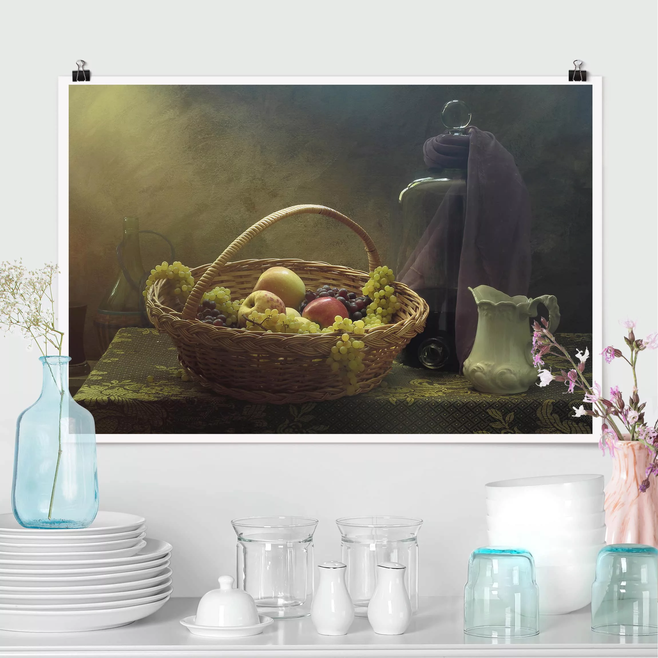 Poster Küche - Querformat Stillleben mit Obstkorb günstig online kaufen