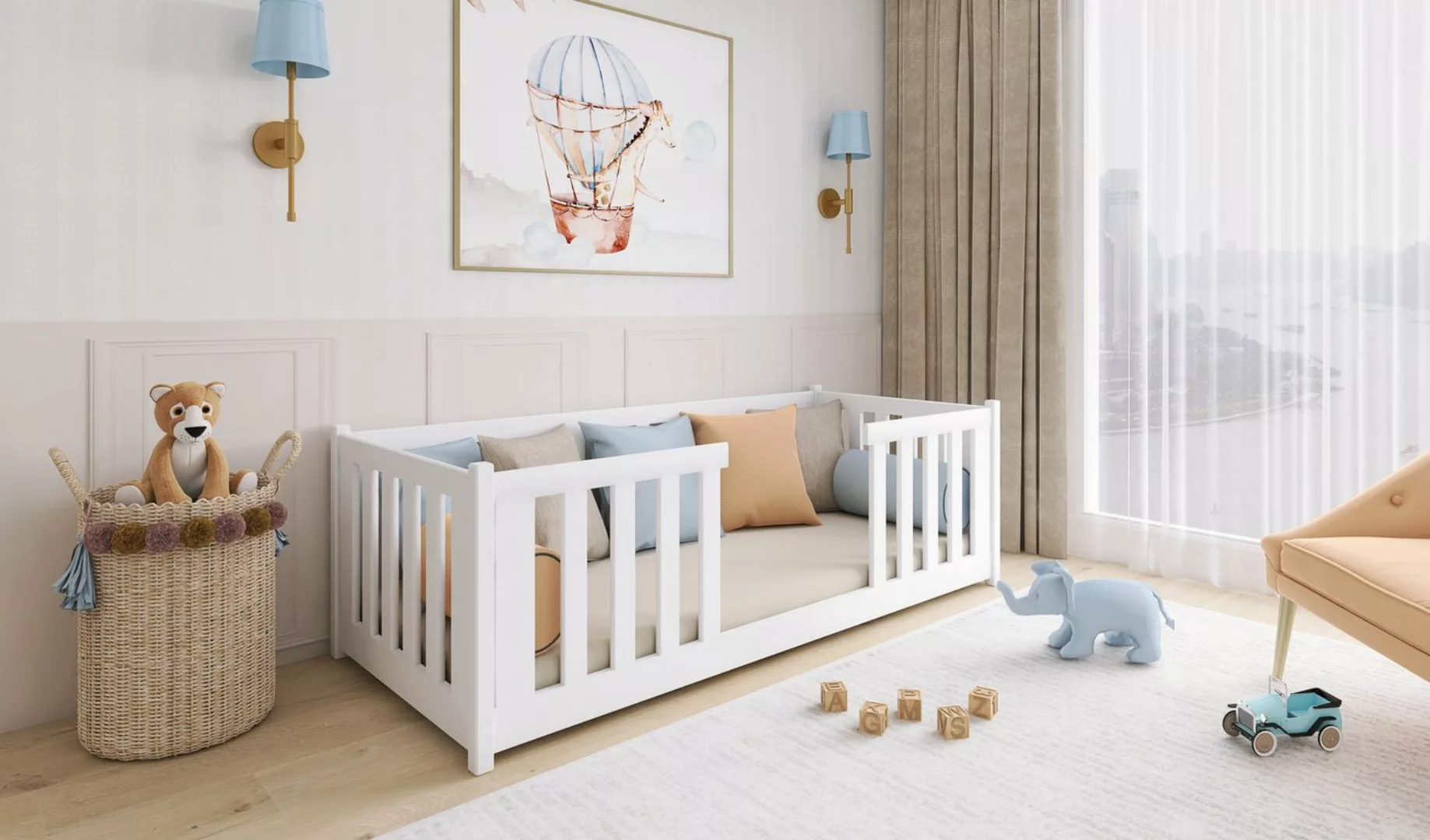 thematys Kinderbett Montessori Bodenbett 90x200cm mit Rausfallschutz und La günstig online kaufen