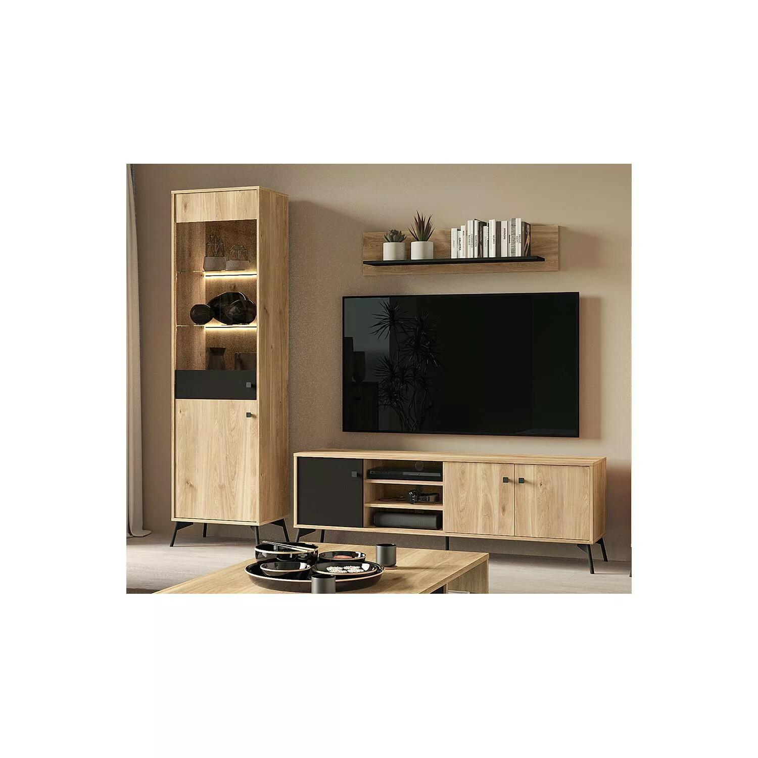 Moderne Wohnwand in Eiche Nb. mit schwarzen Akzenten ARONA-131 inkl. Sidebo günstig online kaufen