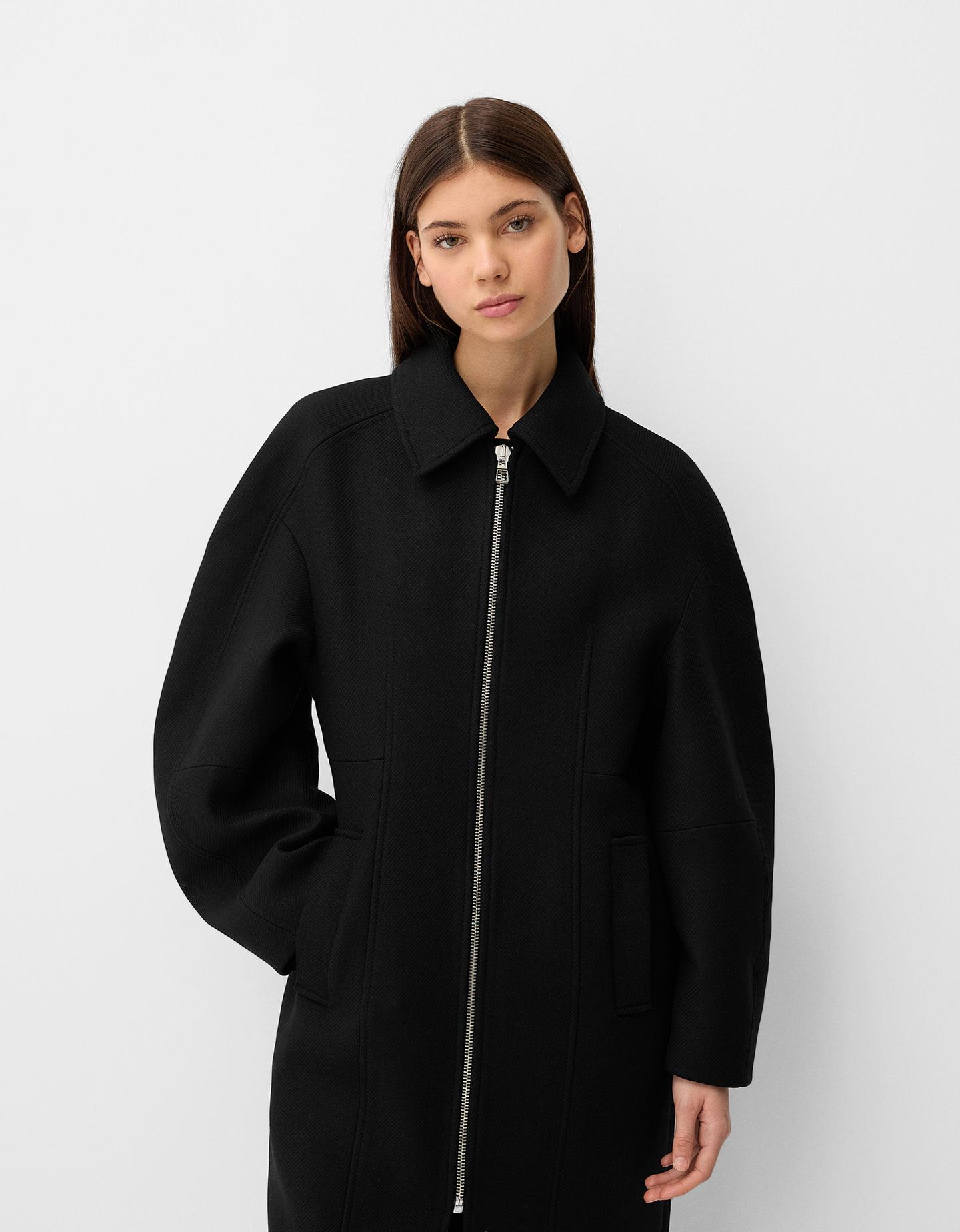 Bershka Langer Mantel Mit Manteco-Wolle Und Puffärmeln Damen Xs-S Schwarz günstig online kaufen