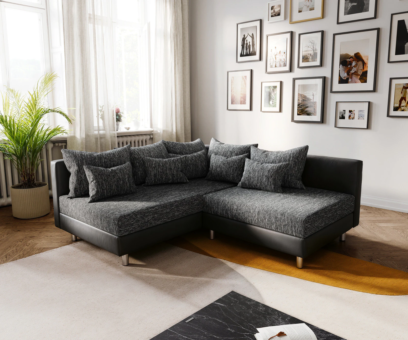 Ecksofa Clovis Schwarz Ottomane Links modular erweiterbar günstig online kaufen