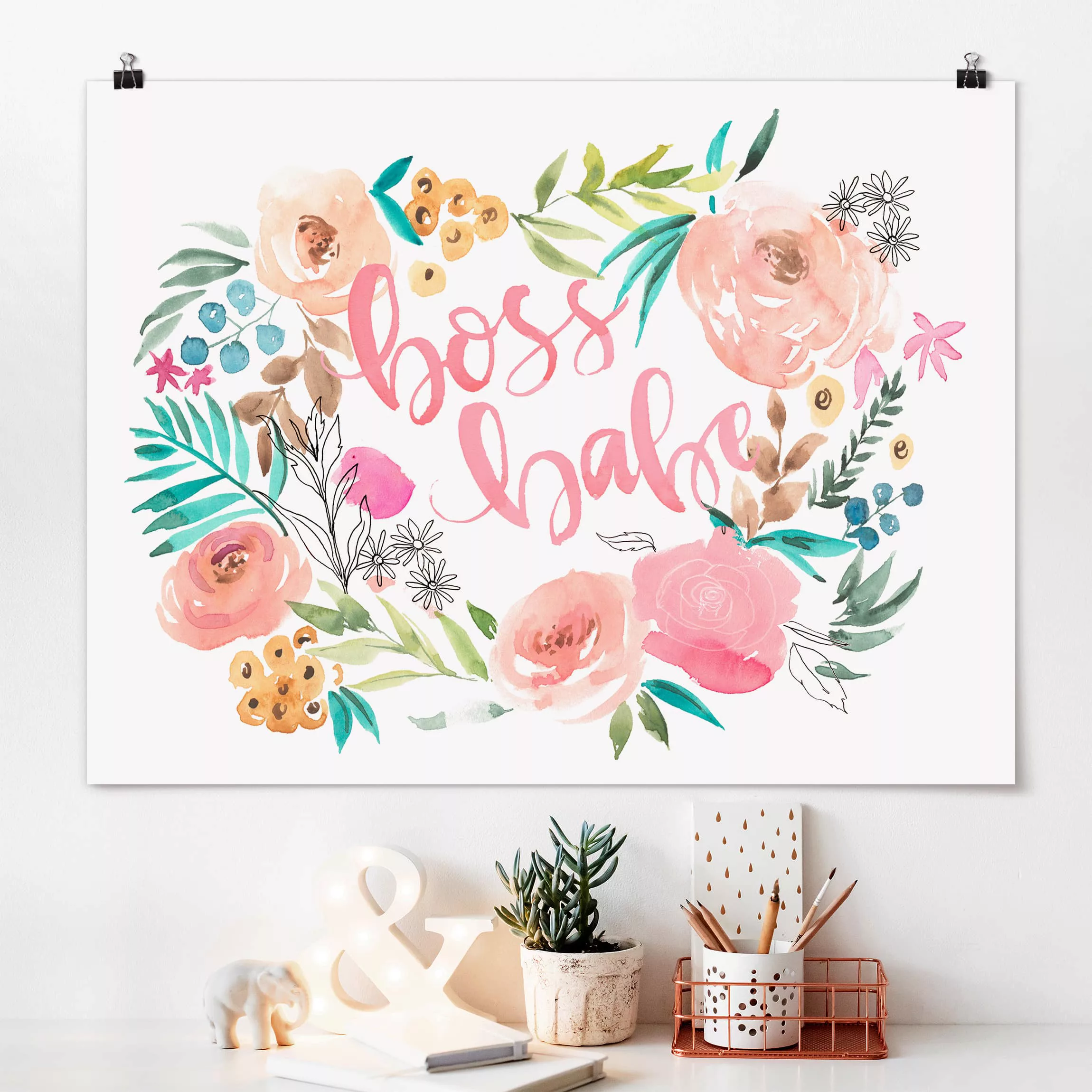 Poster Kinderzimmer - Querformat Rosa Blüten - Boss Babe günstig online kaufen